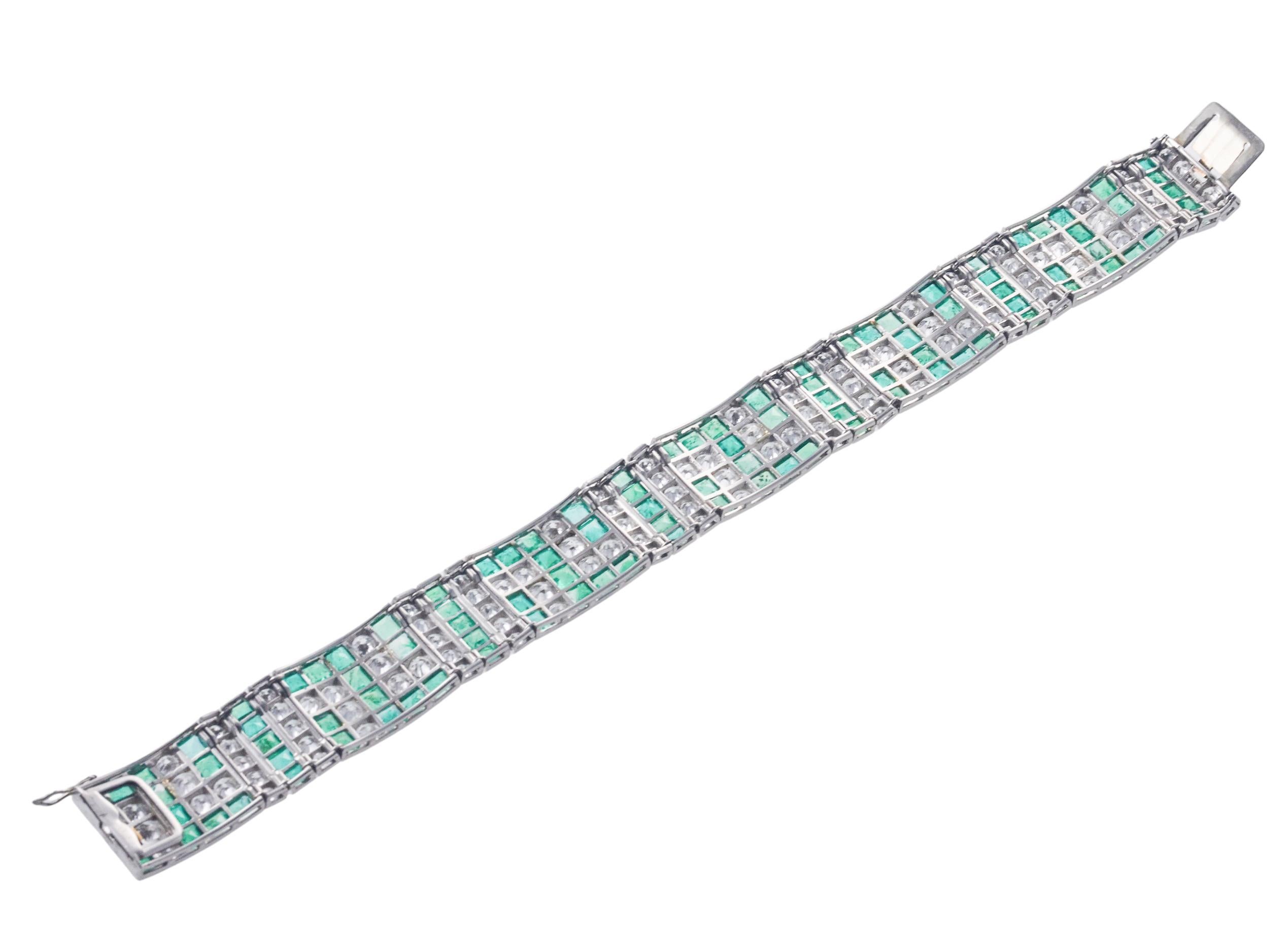 Art Deco 1930s Emerald and Diamond Platinum Bracelet For Sale 1