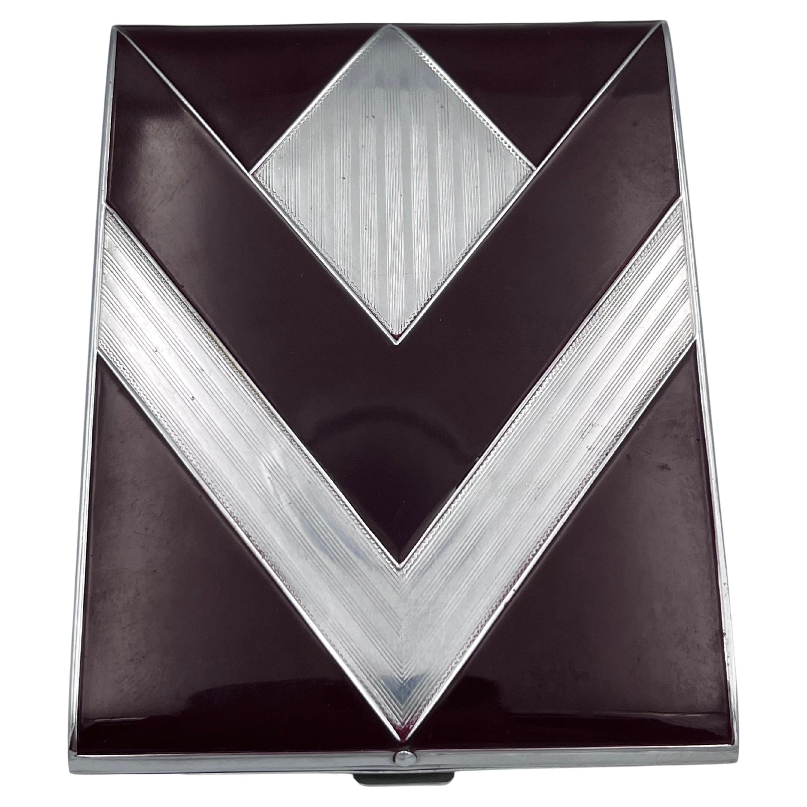 Art Deco 1930
s Evans Chevron Ox Blood Burgundy Enamel
Chrome Cigarette Case