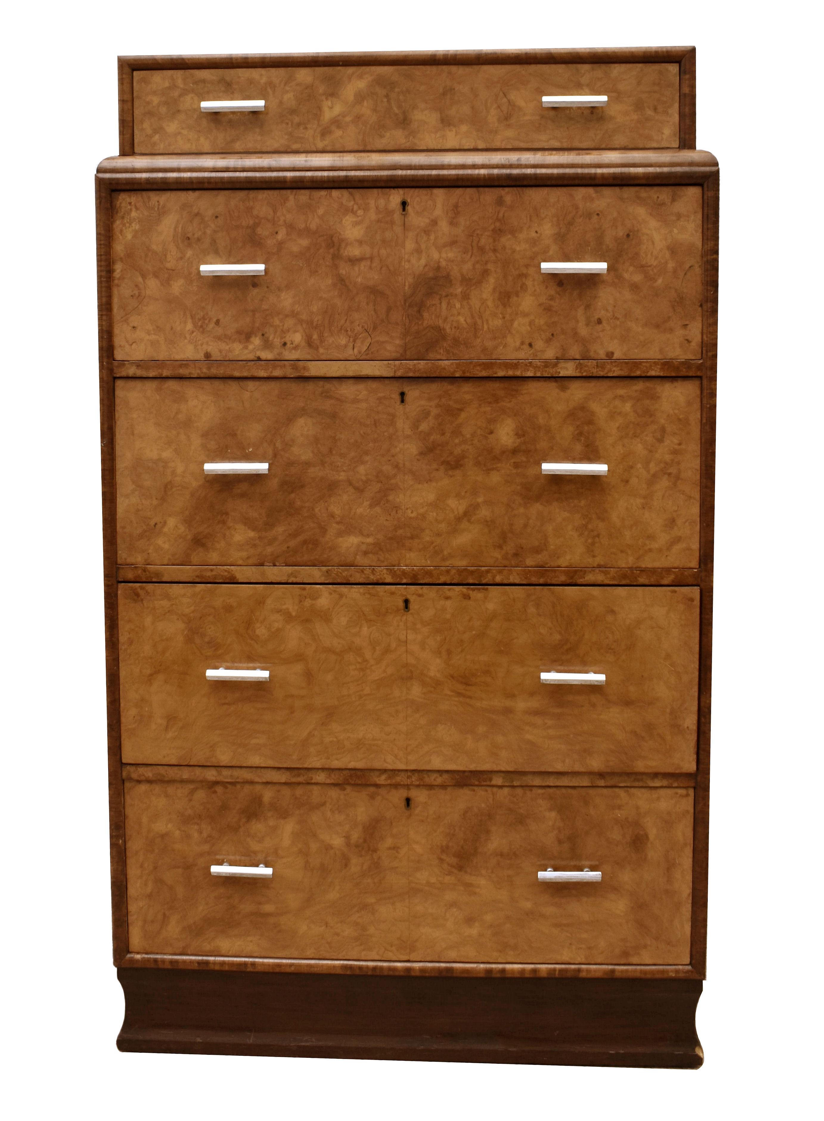 Art Deco 1930's Figured Walnut Chest of Five Drawers, English 4