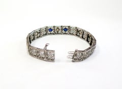 Art Deco 1930s Filigree Bracelet with Diamonds / Sapphires / 14 Karat White Gold