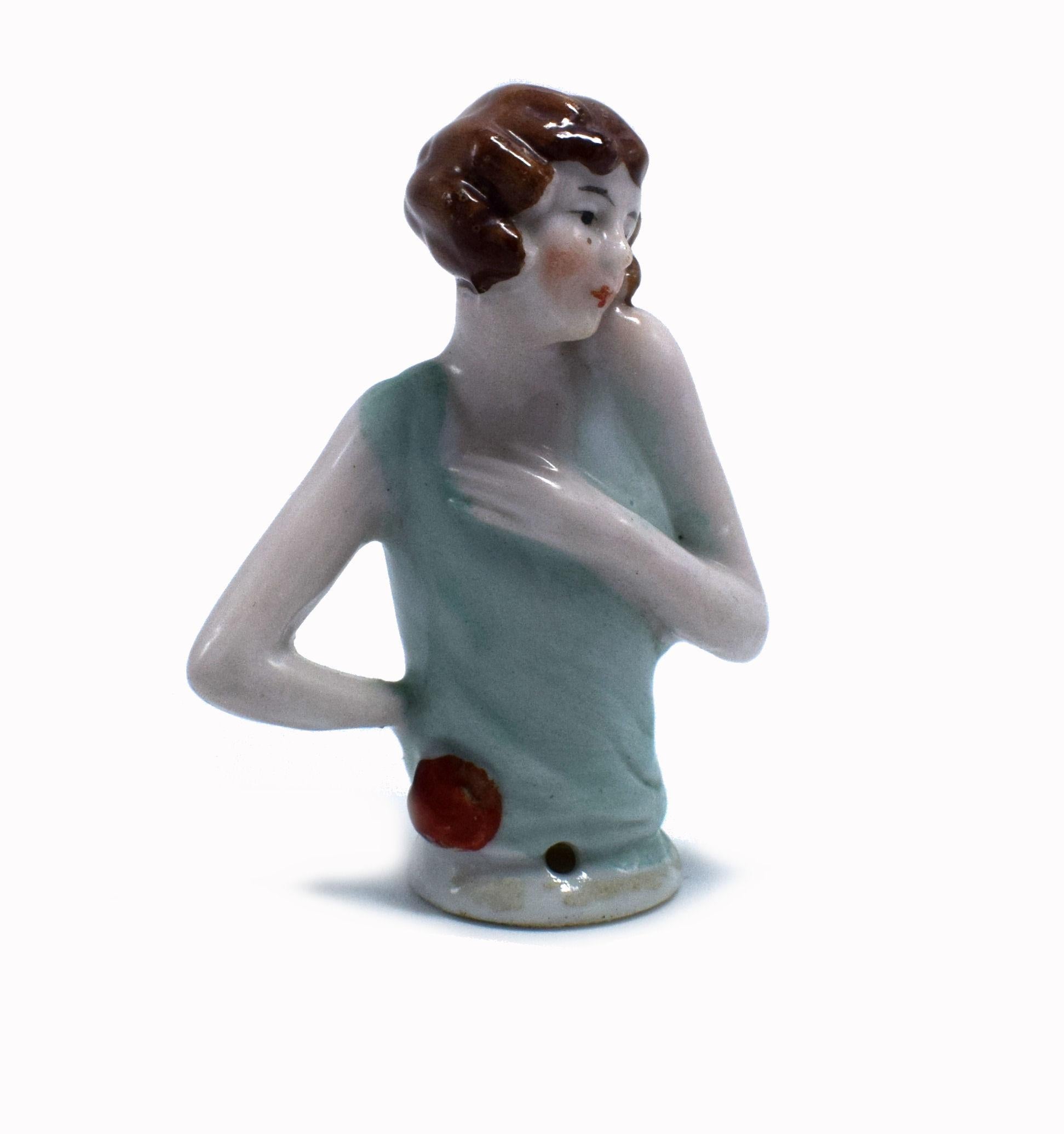 Ceramic Art Deco 1930s Flapper Girl Half Pin Cushion Doll by Fasold & Stauch