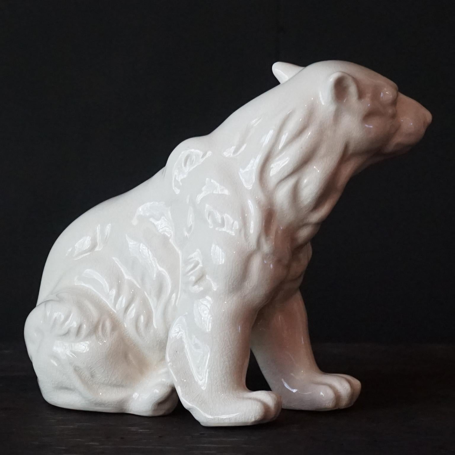 Art déco L&V Ceram - Ours polaire en céramique vernissée craquelée des années 1930 - Art Déco français