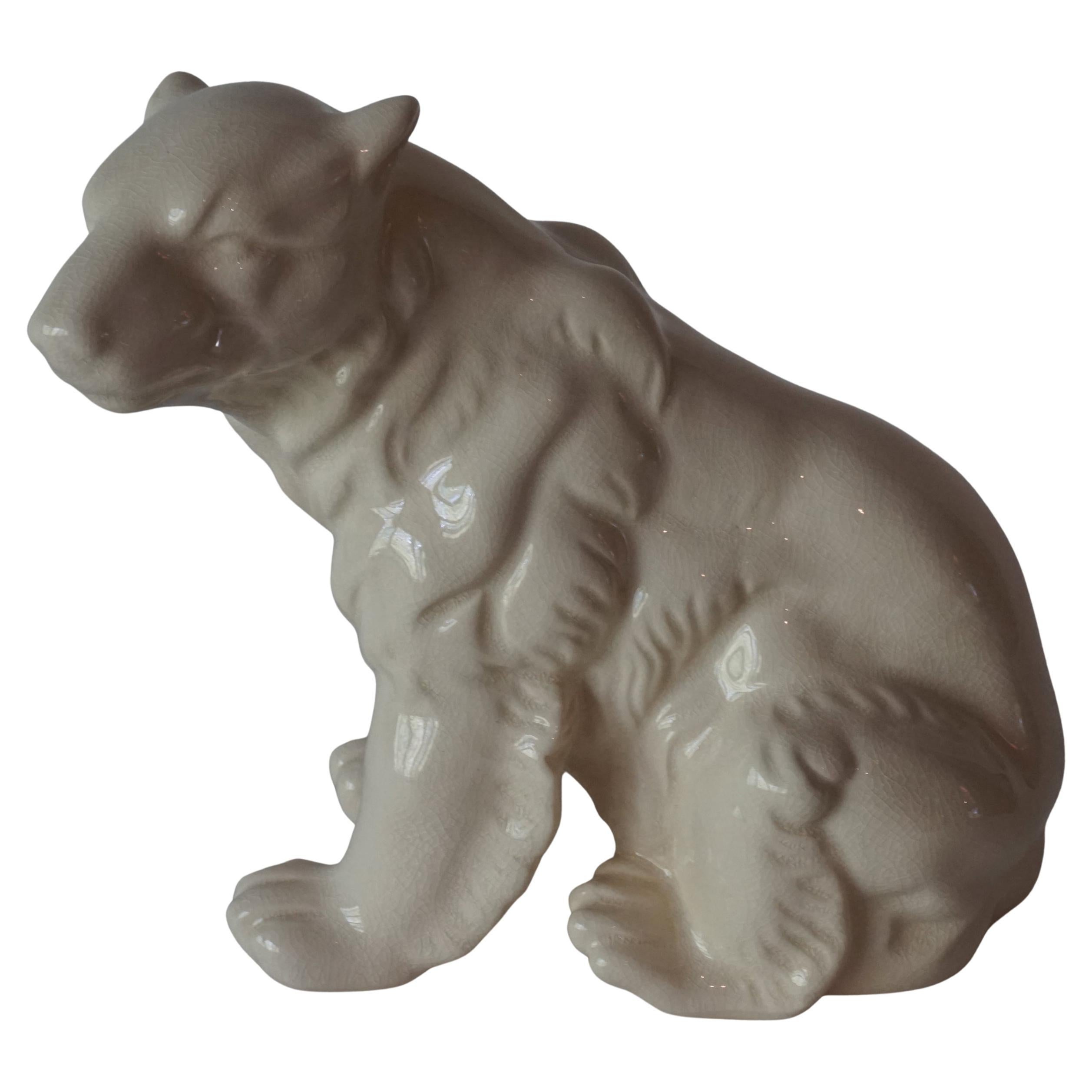 Art Deco 1930s French Crackle-Glazed Ceramic Sitting Polar Bear by L&V Ceram