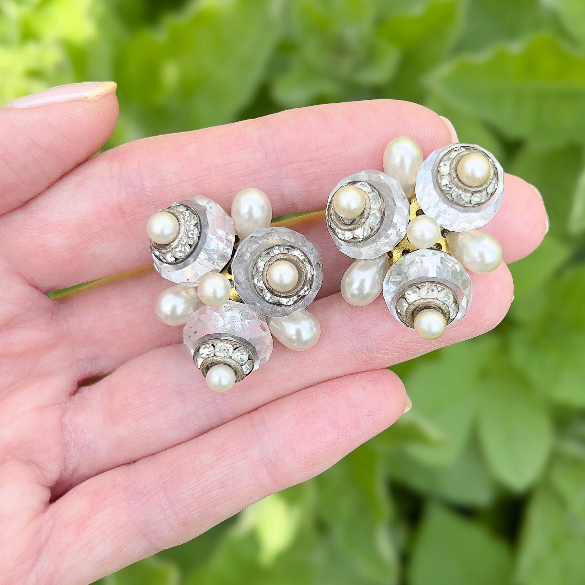 RESERVED - Art Deco 1930s French Crystal, Paste and Faux Pearl Vintage Earrings In Good Condition For Sale In Skelmersdale, GB