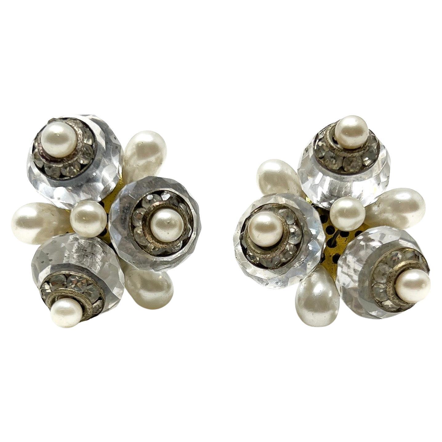 Pendientes Vintage Art Decó 1930 franceses de cristal, pasta y perla de imitación