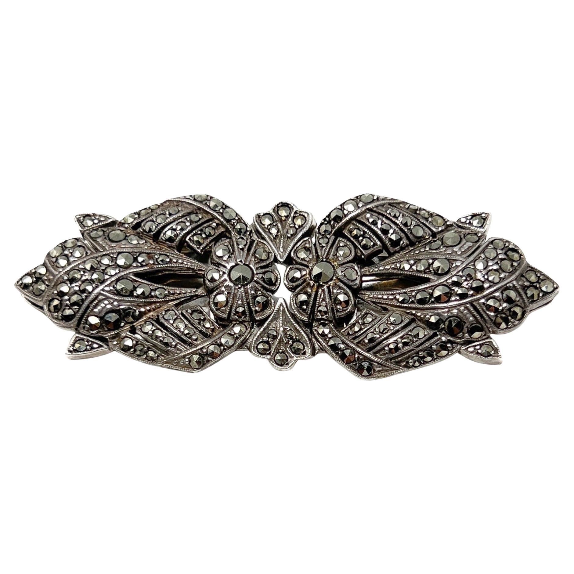 Art Deco 1930s Französisch Marcasite Floral Design Vintage Duette Clip Brosche