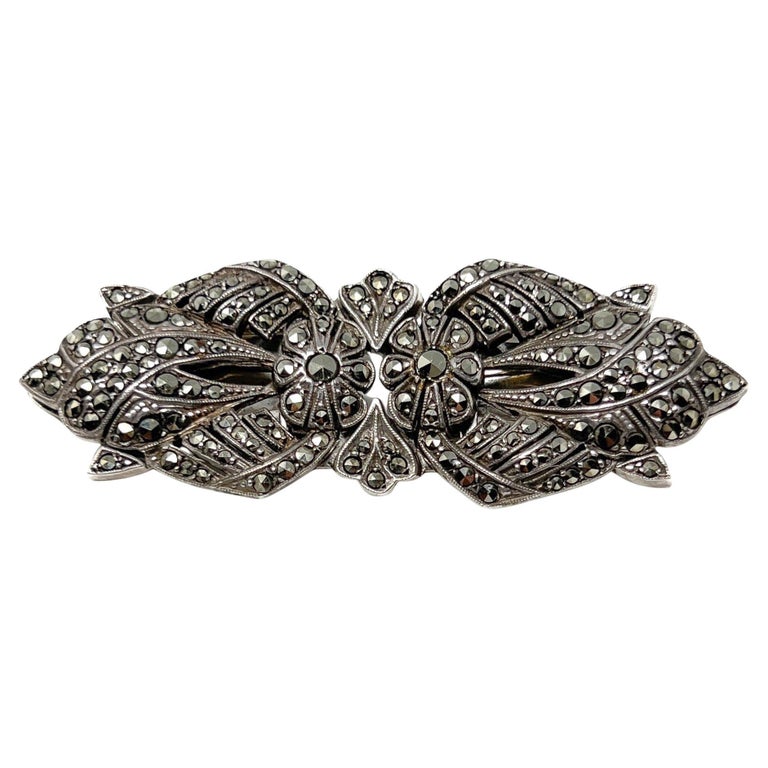 Broche Ancienne Rare En Marcassite - Style Français Antique, Avec Perles, Métal Argenté