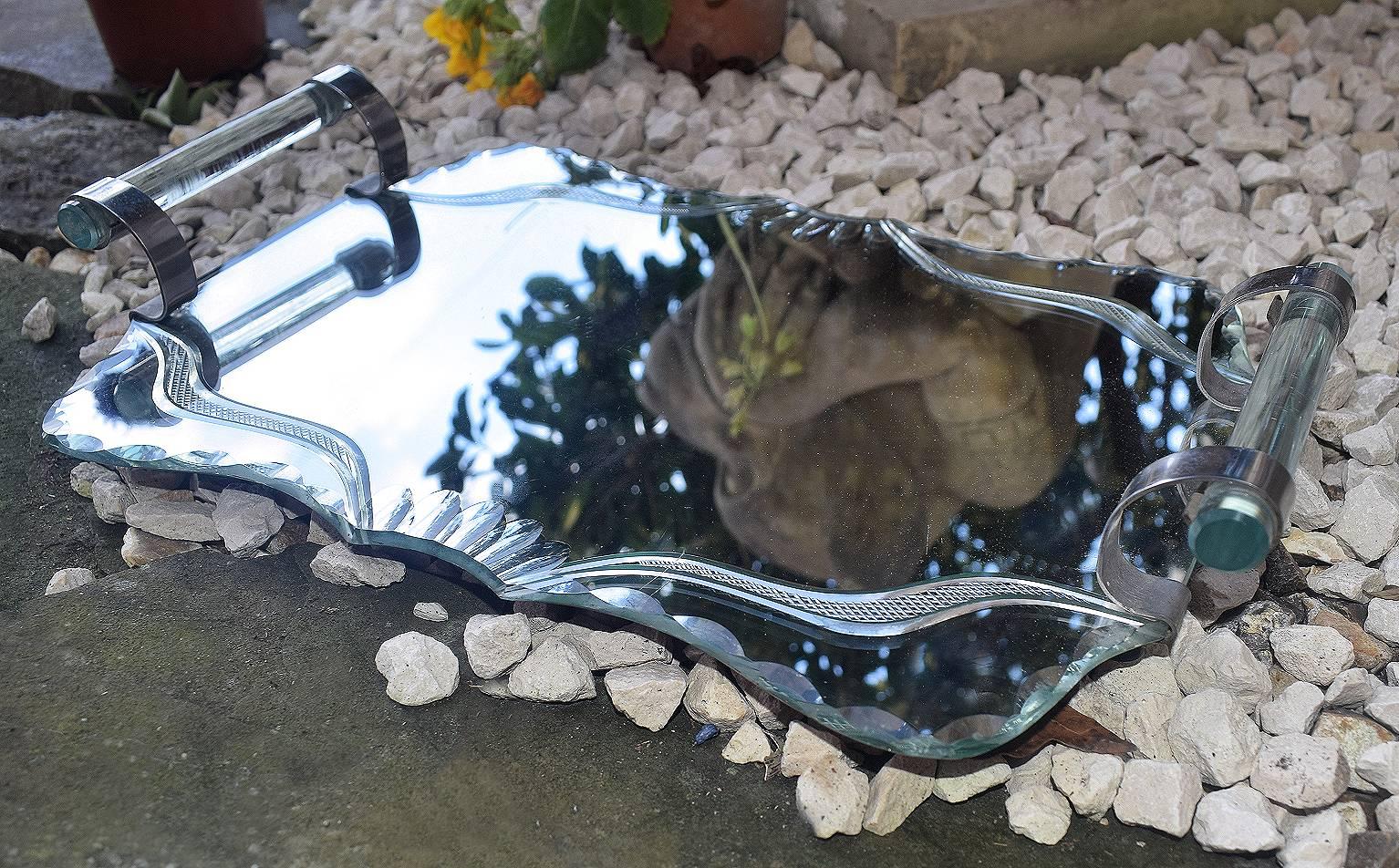 Art Deco, 1930s French Mirror and Chrome Drinks Tray In Good Condition For Sale In Devon, England