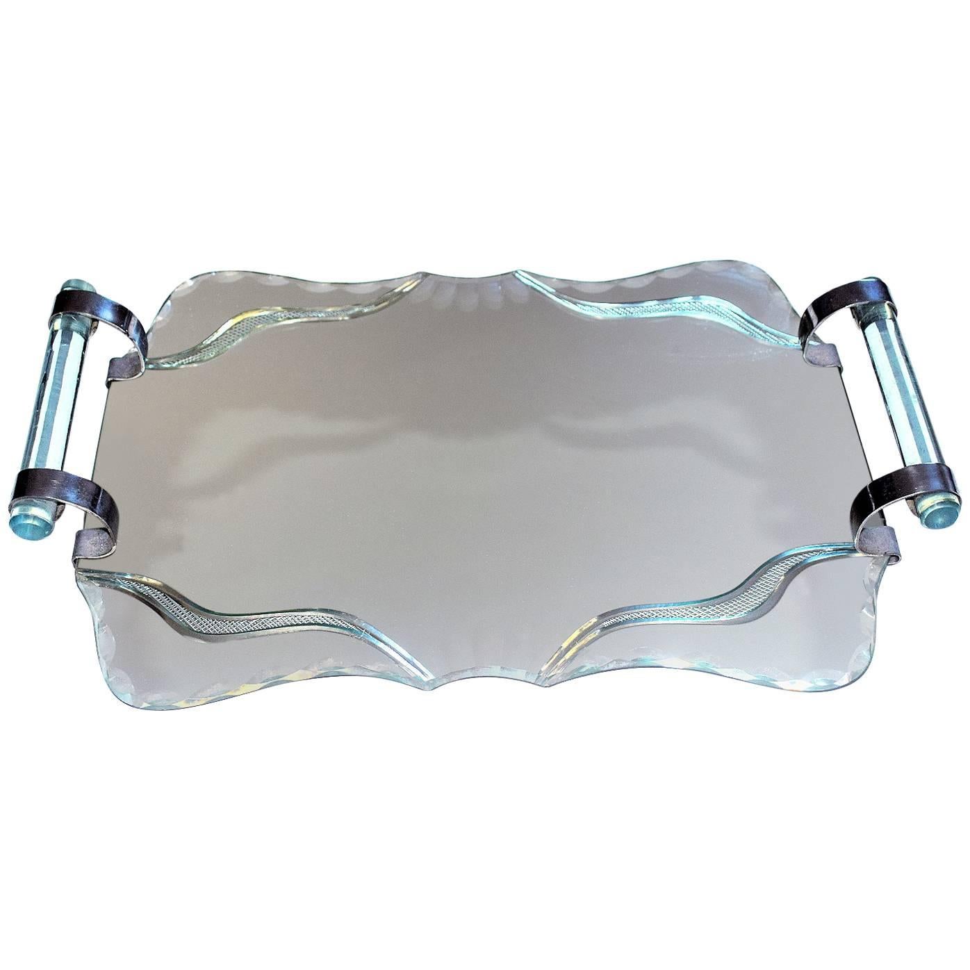 Plateau à boissons Art Déco français des années 1930 avec miroir chromé