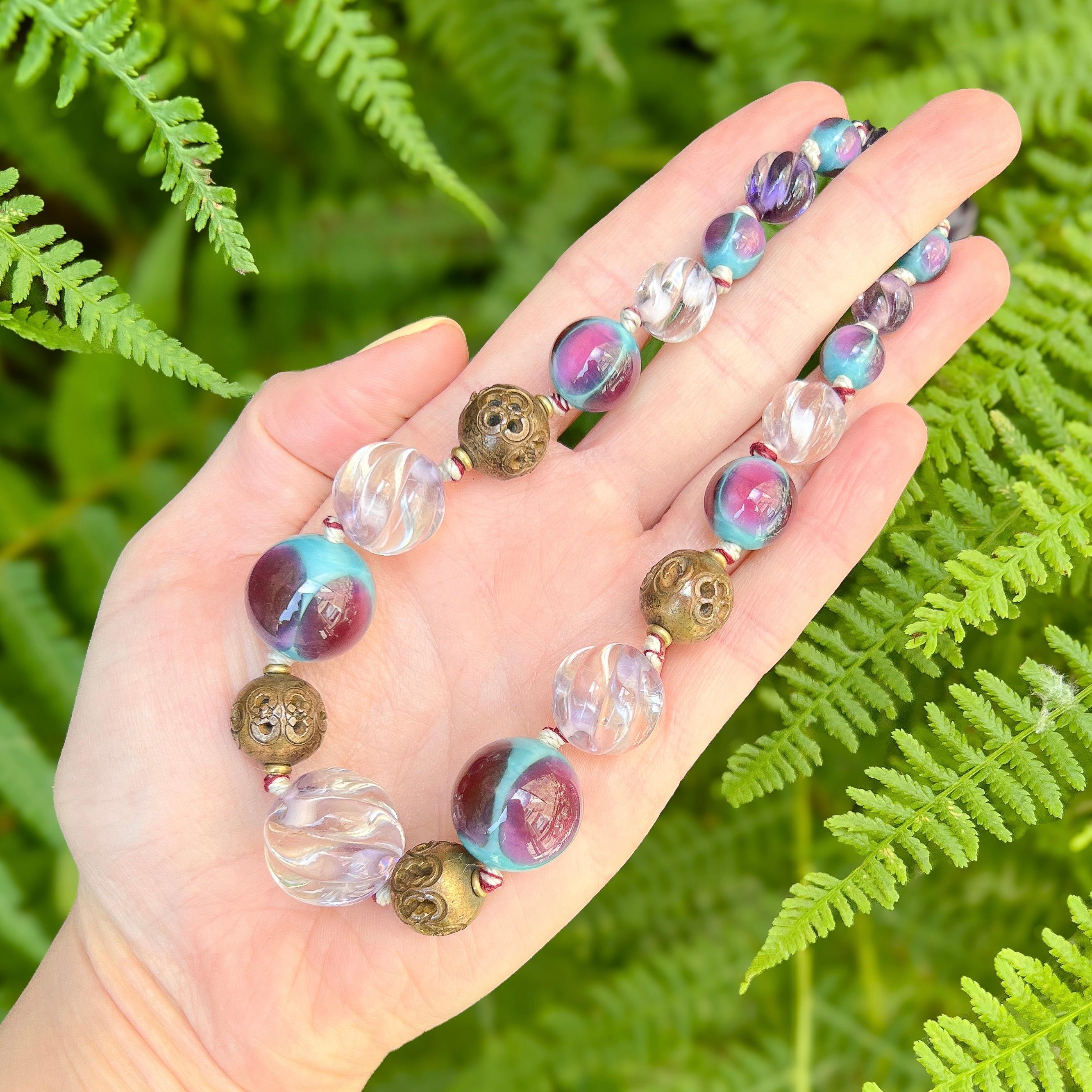 Art Deco 1930s French Purple and Turquoise Vintage Glass Bead Necklace In Good Condition For Sale In Skelmersdale, GB