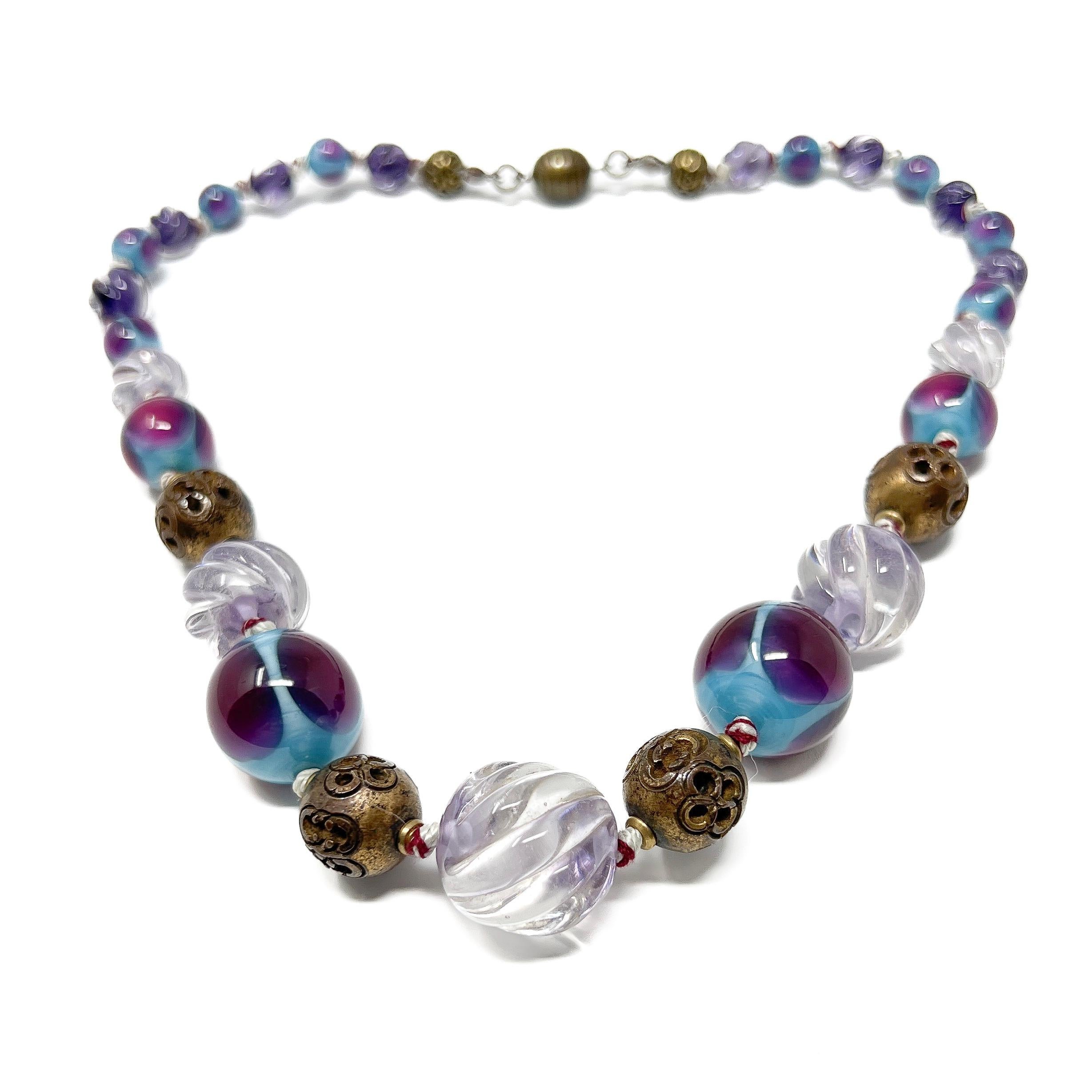 Women's Art Deco 1930s French Purple and Turquoise Vintage Glass Bead Necklace For Sale