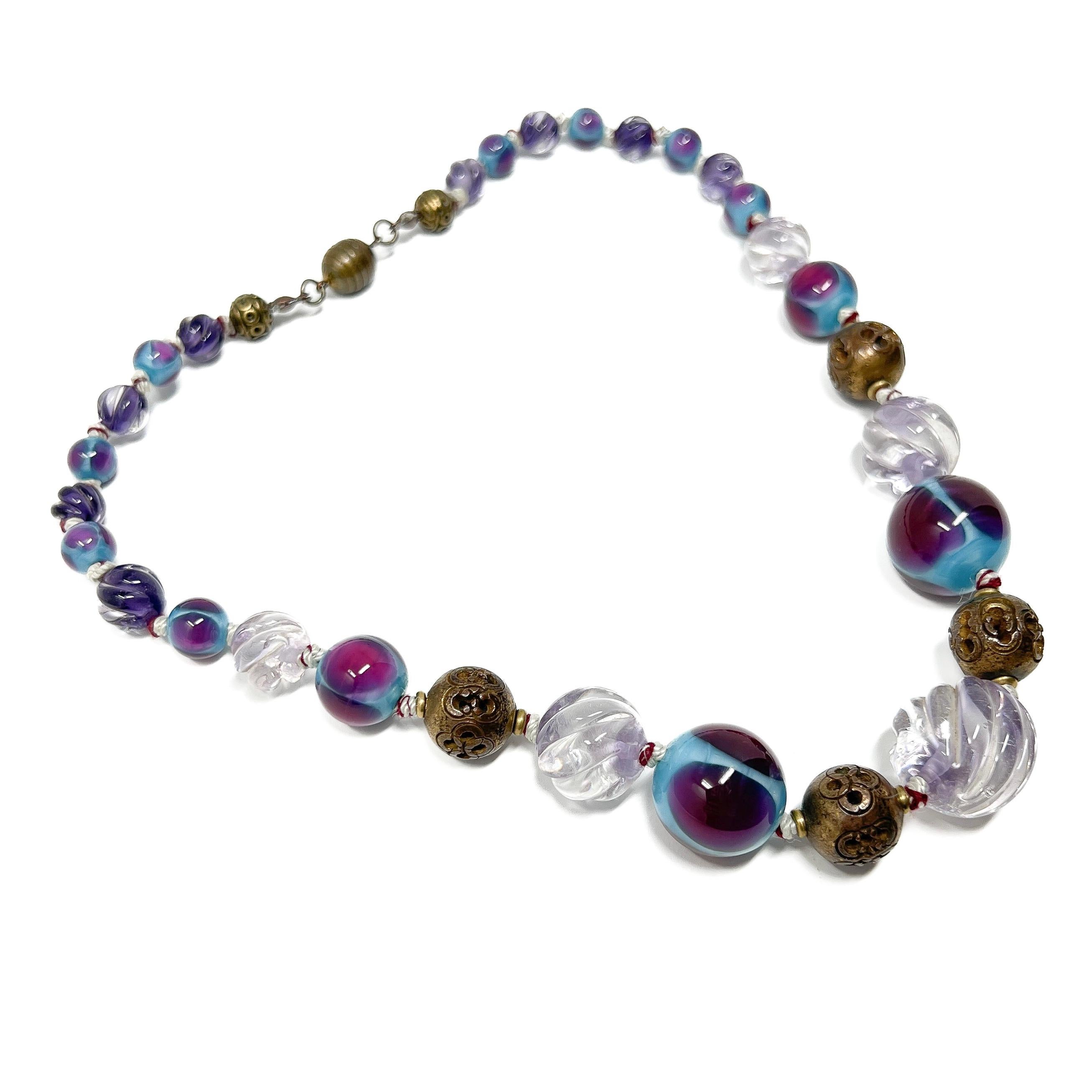 Art Deco 1930s French Purple and Turquoise Vintage Glass Bead Necklace For Sale 1