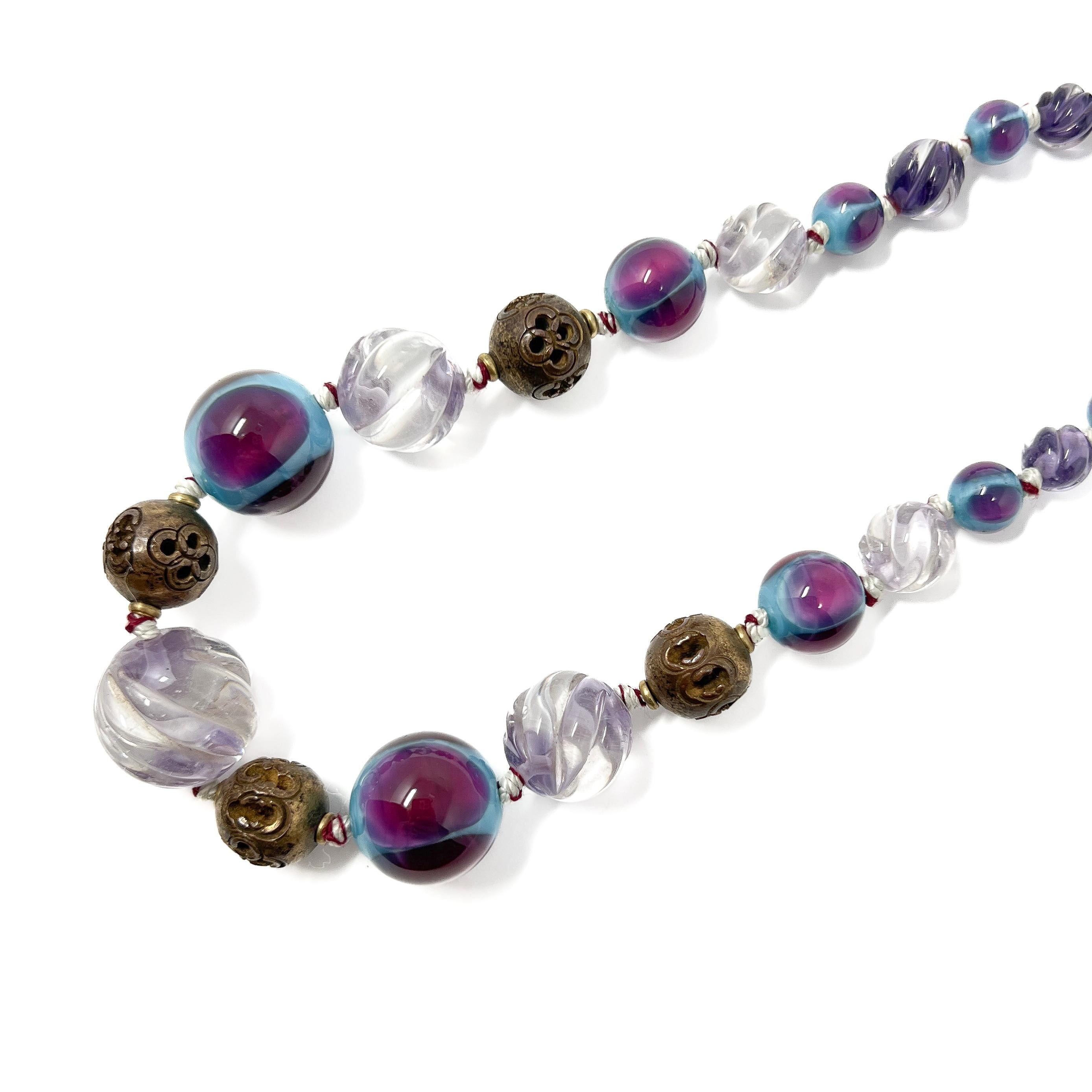 Art Deco 1930s French Purple and Turquoise Vintage Glass Bead Necklace For Sale 2