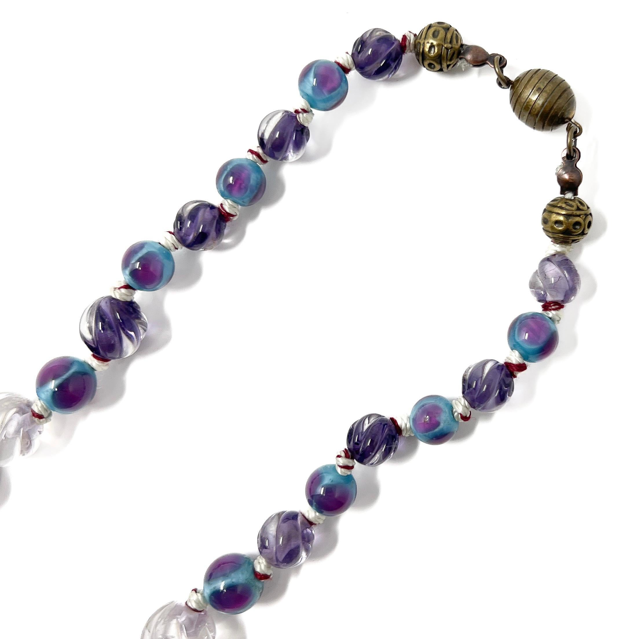 Art Deco 1930s French Purple and Turquoise Vintage Glass Bead Necklace For Sale 3