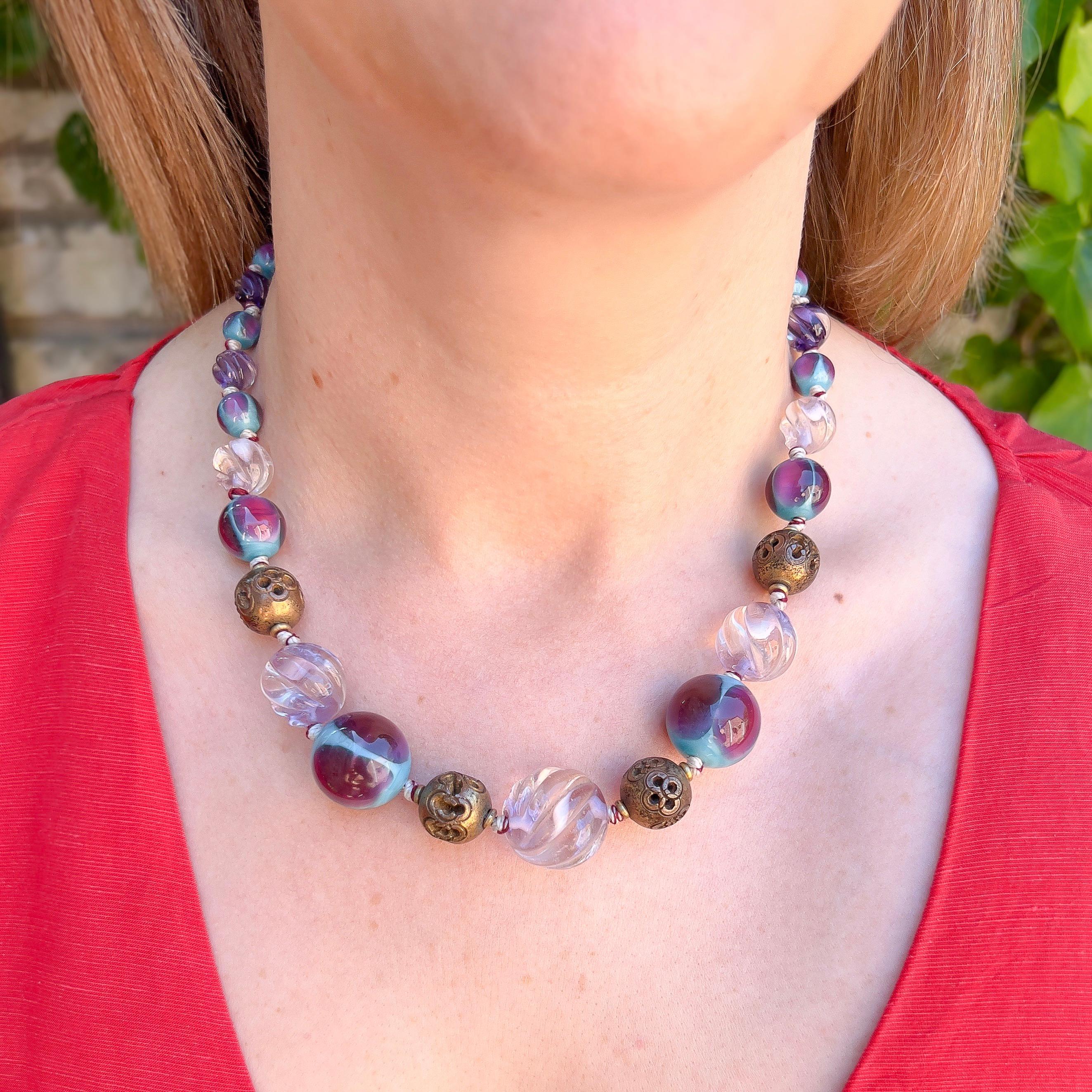 Art Deco 1930s French Purple and Turquoise Vintage Glass Bead Necklace For Sale 4