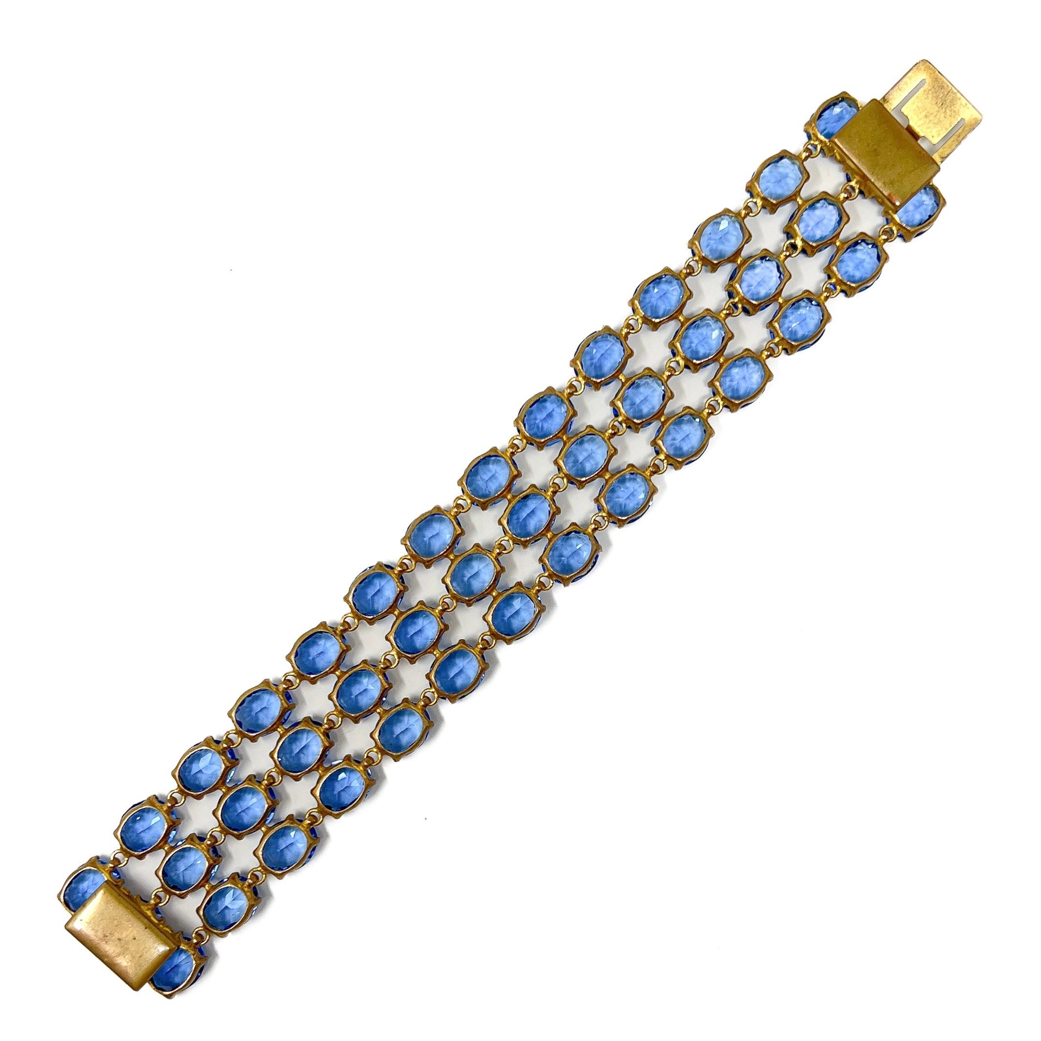 Art Deco 1930s Gilded Metal and Blue Glass Vintage Cuff For Sale 6