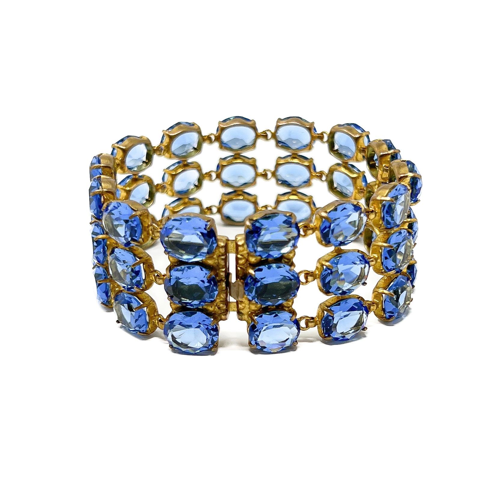 Art Deco 1930s Gilded Metal and Blue Glass Vintage Cuff For Sale 1
