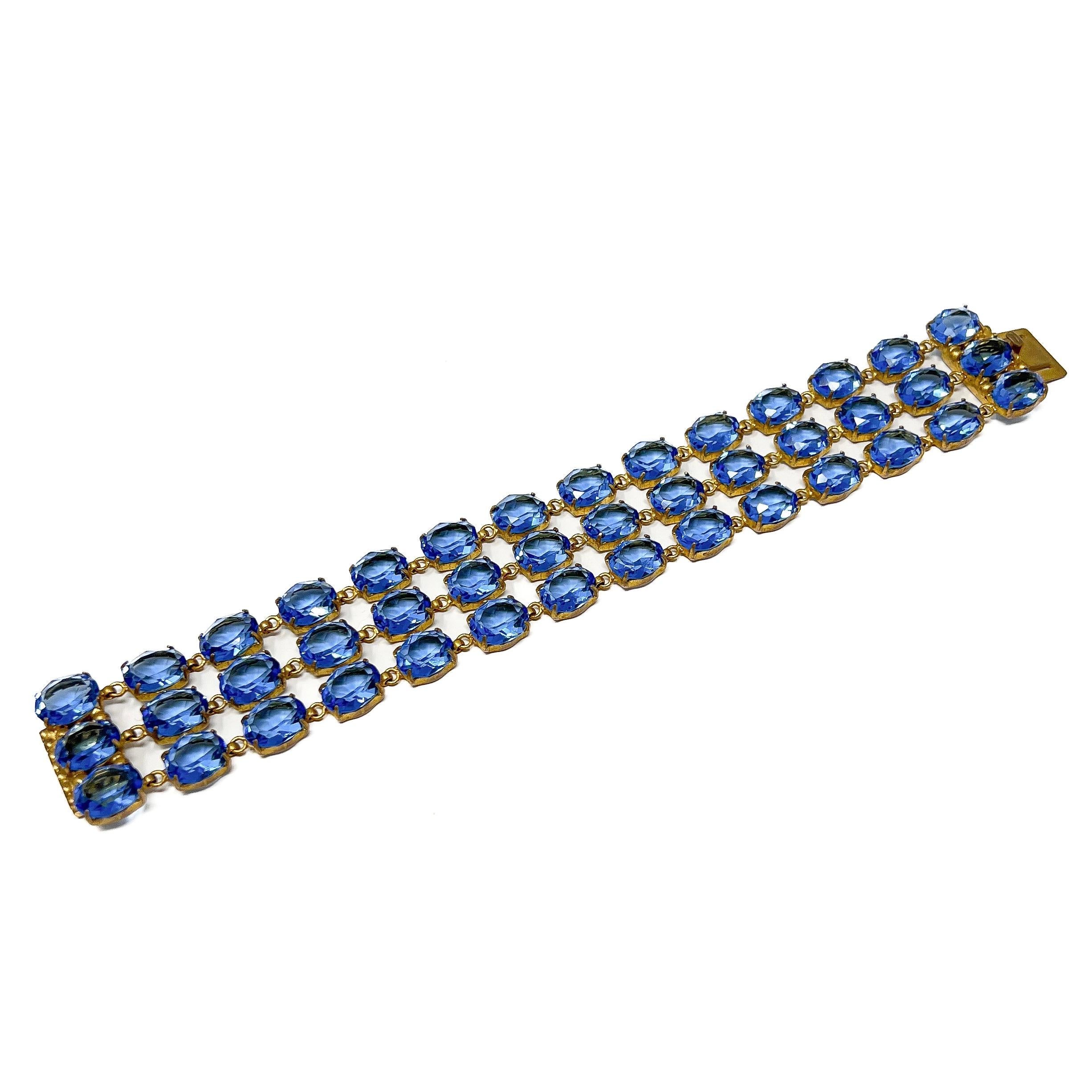 Art Deco 1930s Gilded Metal and Blue Glass Vintage Cuff For Sale 3