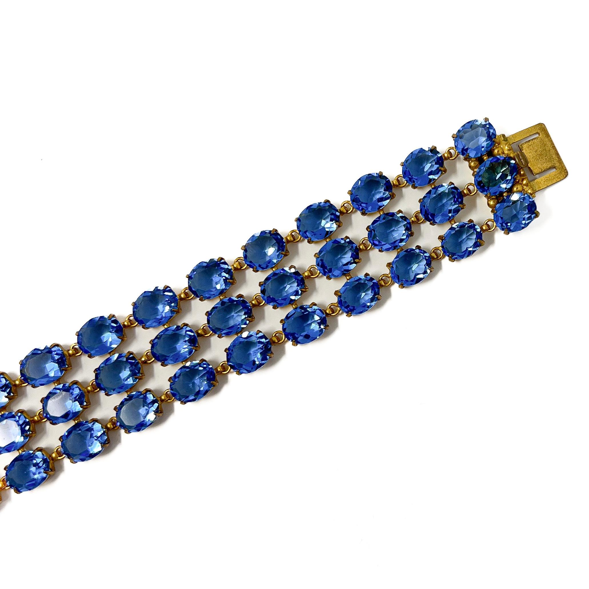 Art Deco 1930s Gilded Metal and Blue Glass Vintage Cuff For Sale 5
