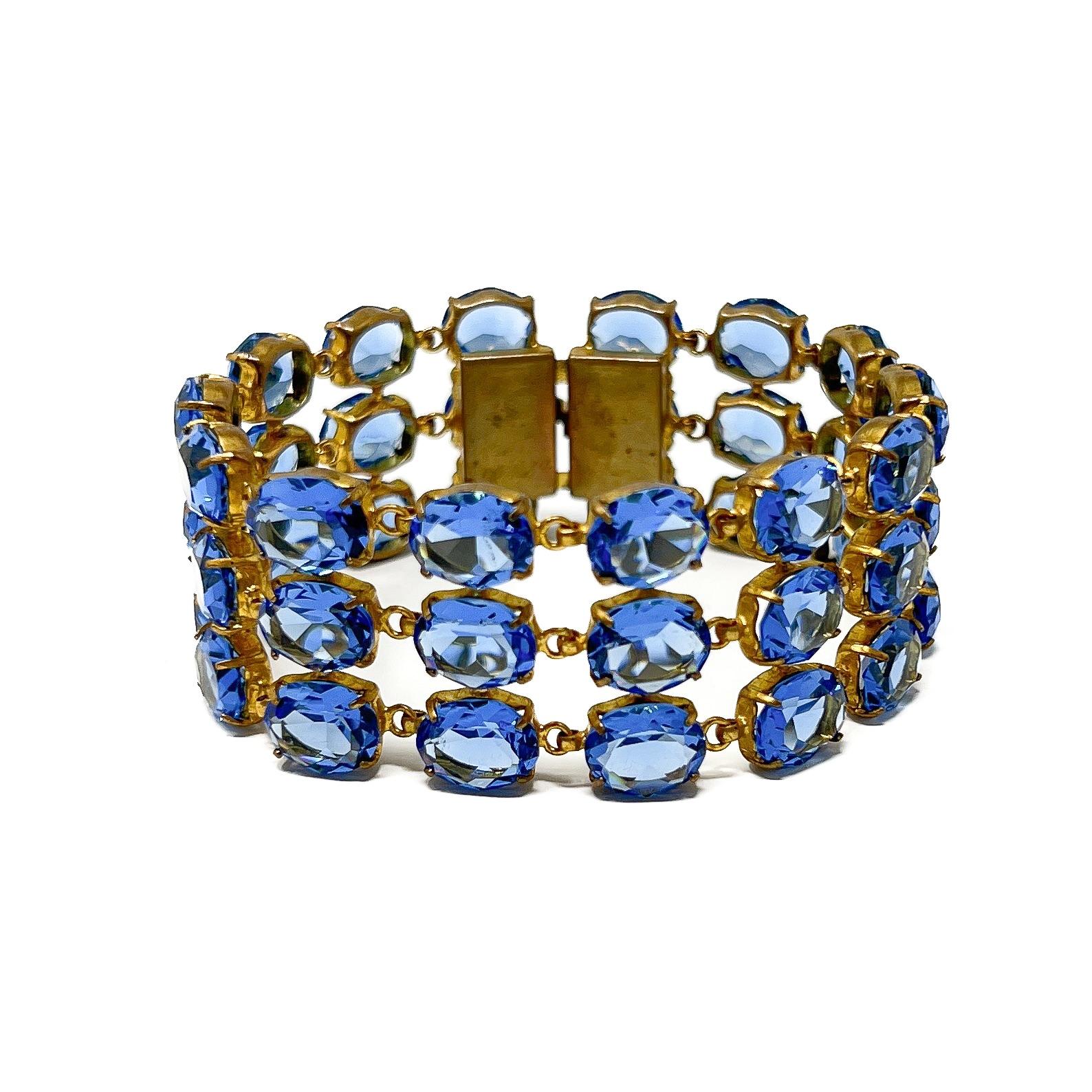 Art Deco 1930s Gilded Metal and Blue Glass Vintage Cuff For Sale