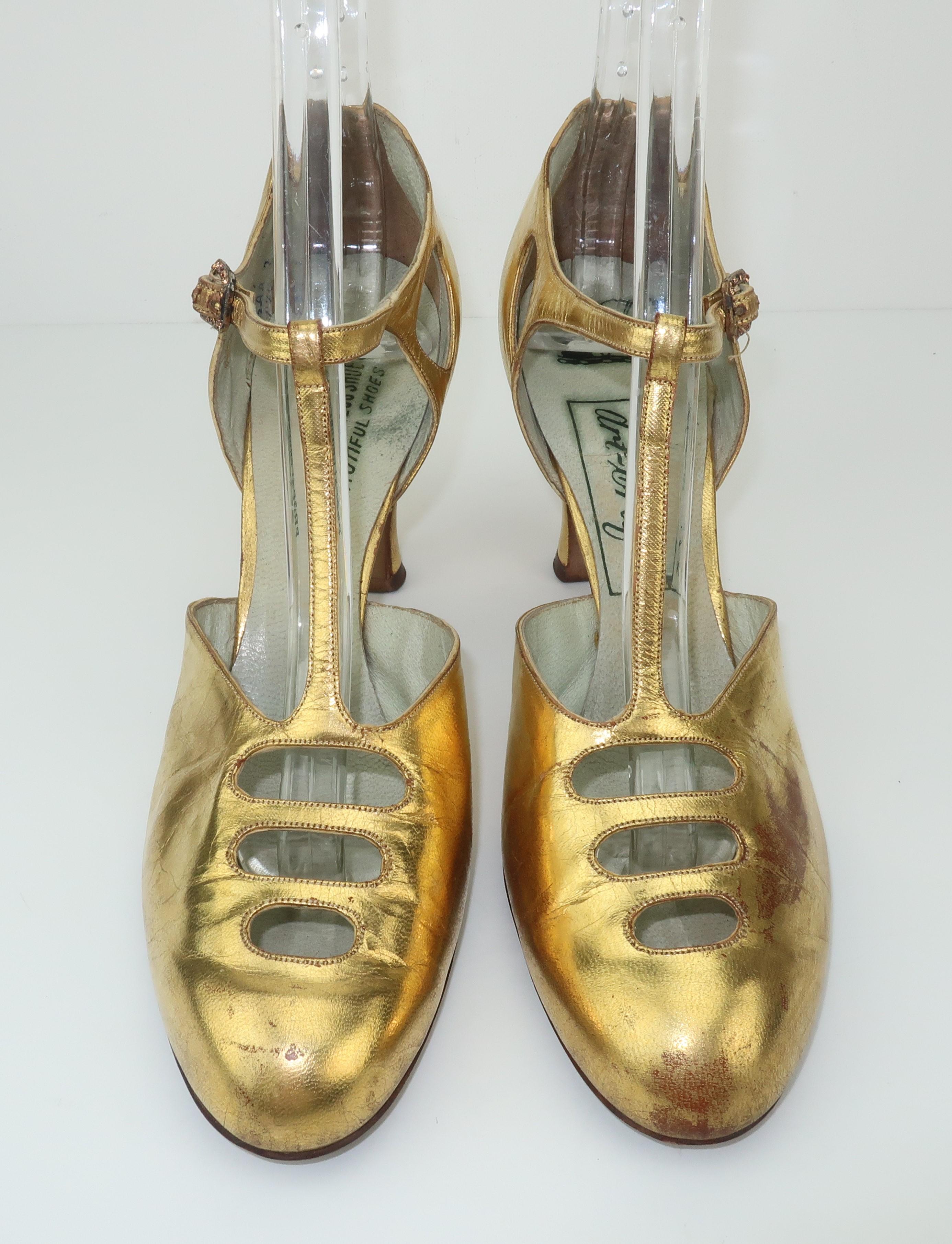 Marron Chaussures de soirée Art Déco 1930 en cuir doré à lanière en T Sz 5 1/2