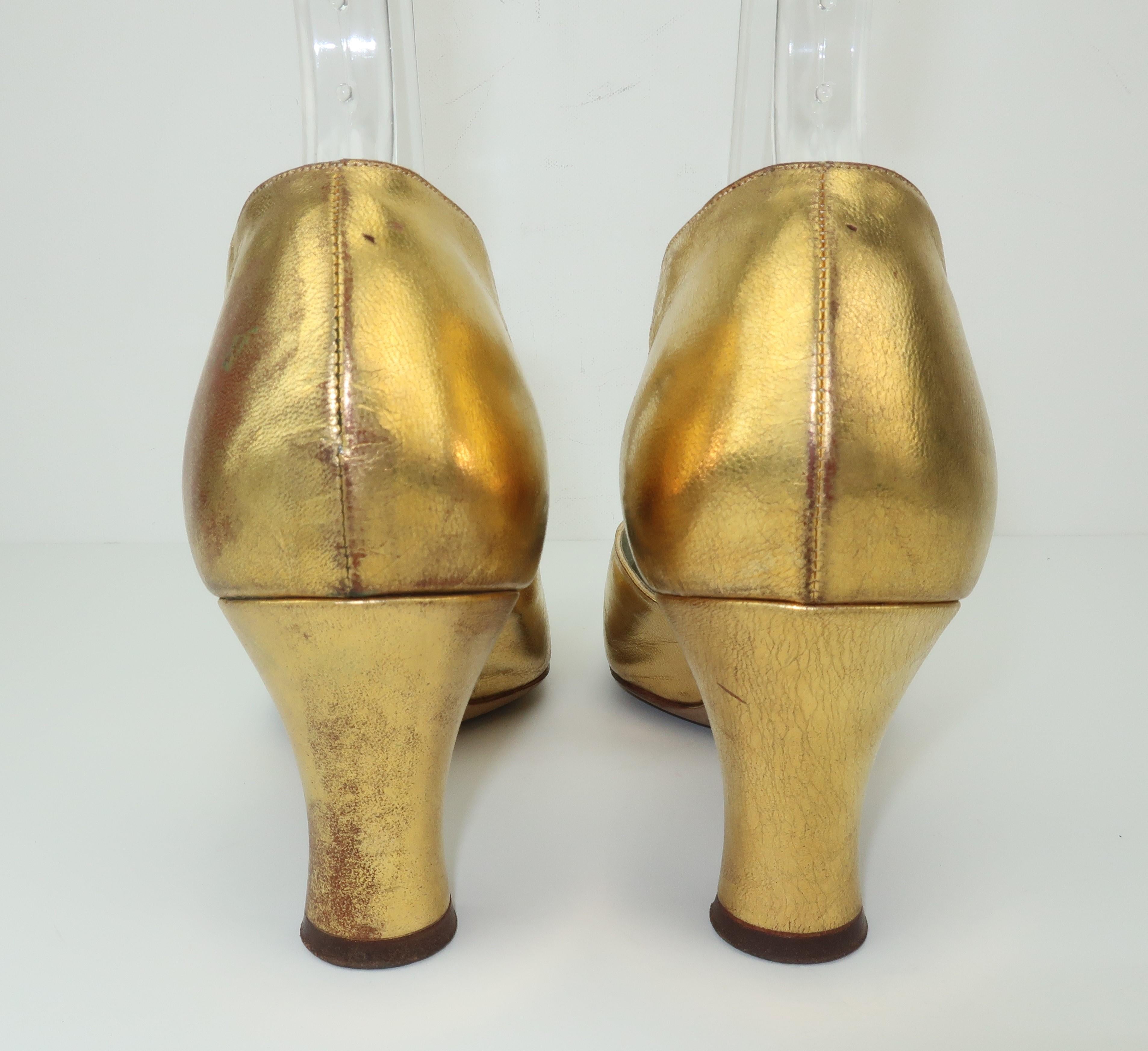 Chaussures de soirée Art Déco 1930 en cuir doré à lanière en T Sz 5 1/2 1