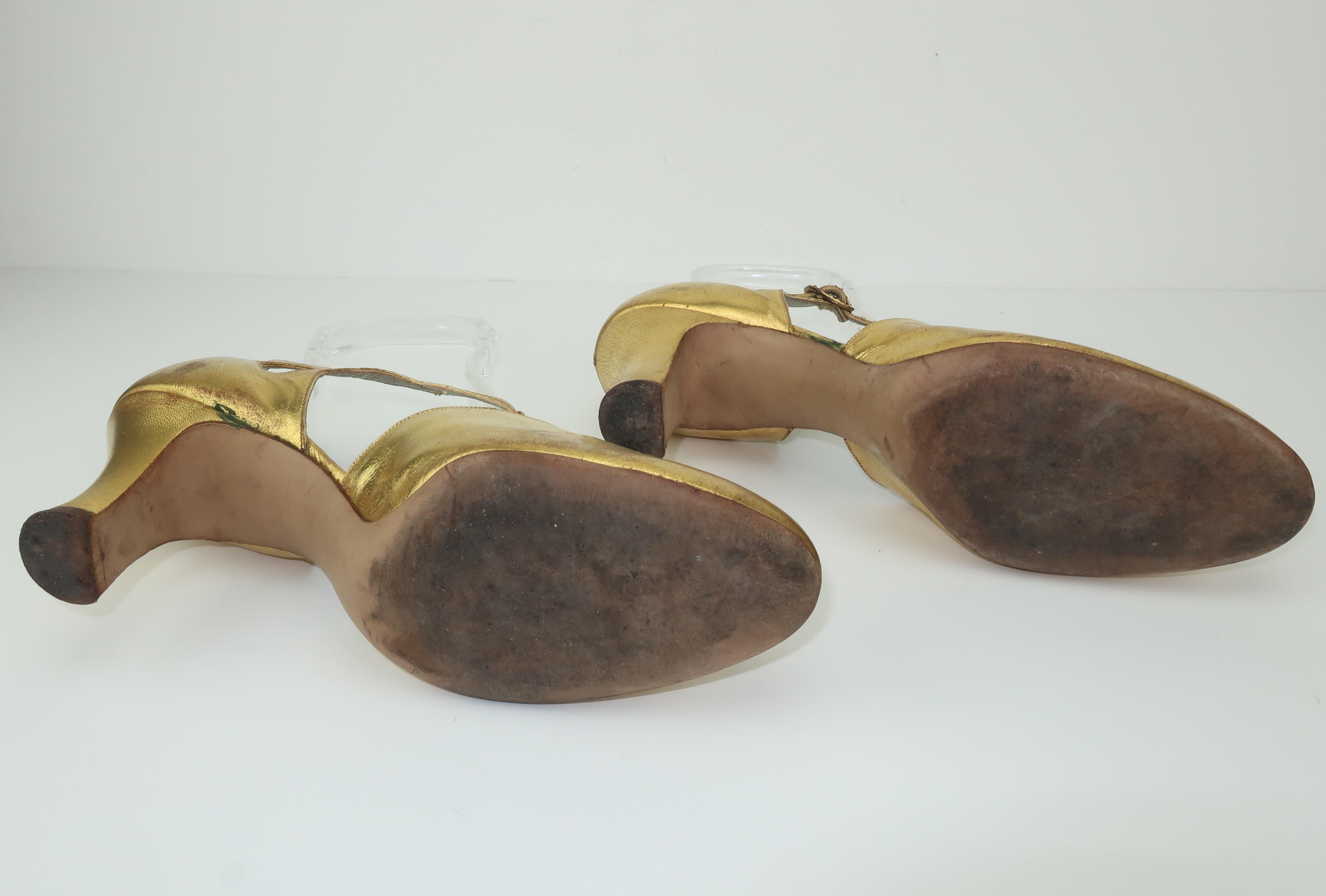 Chaussures de soirée Art Déco 1930 en cuir doré à lanière en T Sz 5 1/2 2