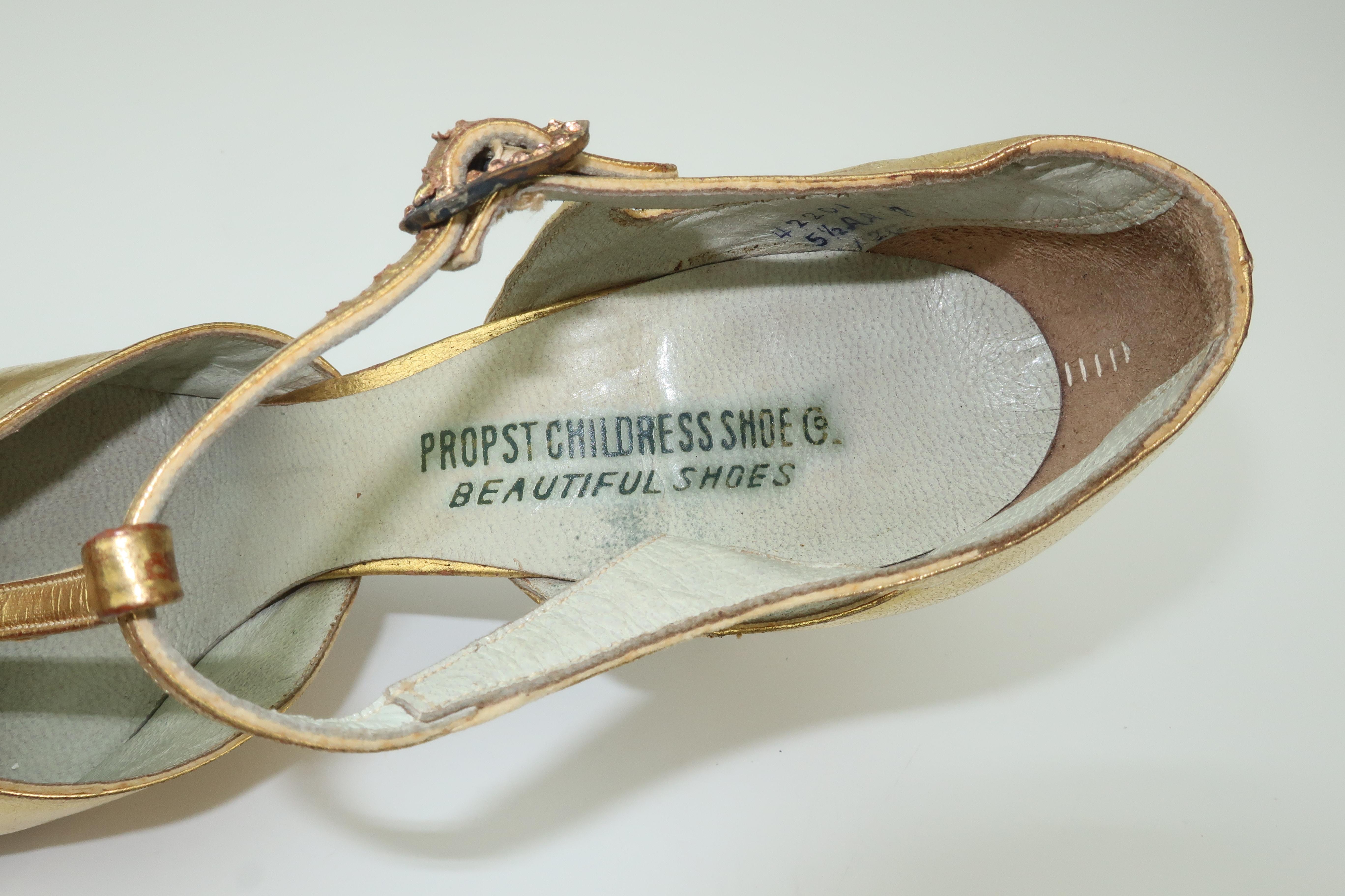 Chaussures de soirée Art Déco 1930 en cuir doré à lanière en T Sz 5 1/2 3