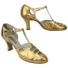 Vintage Art Deco 1930's Gold Leather T-Strap Evening Shoes Sz 5 1/2