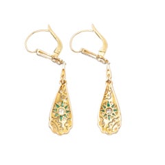 Art Deco 1930s Gold & Platinum Earrings with Old-Cut Diamonds and Green Enamel