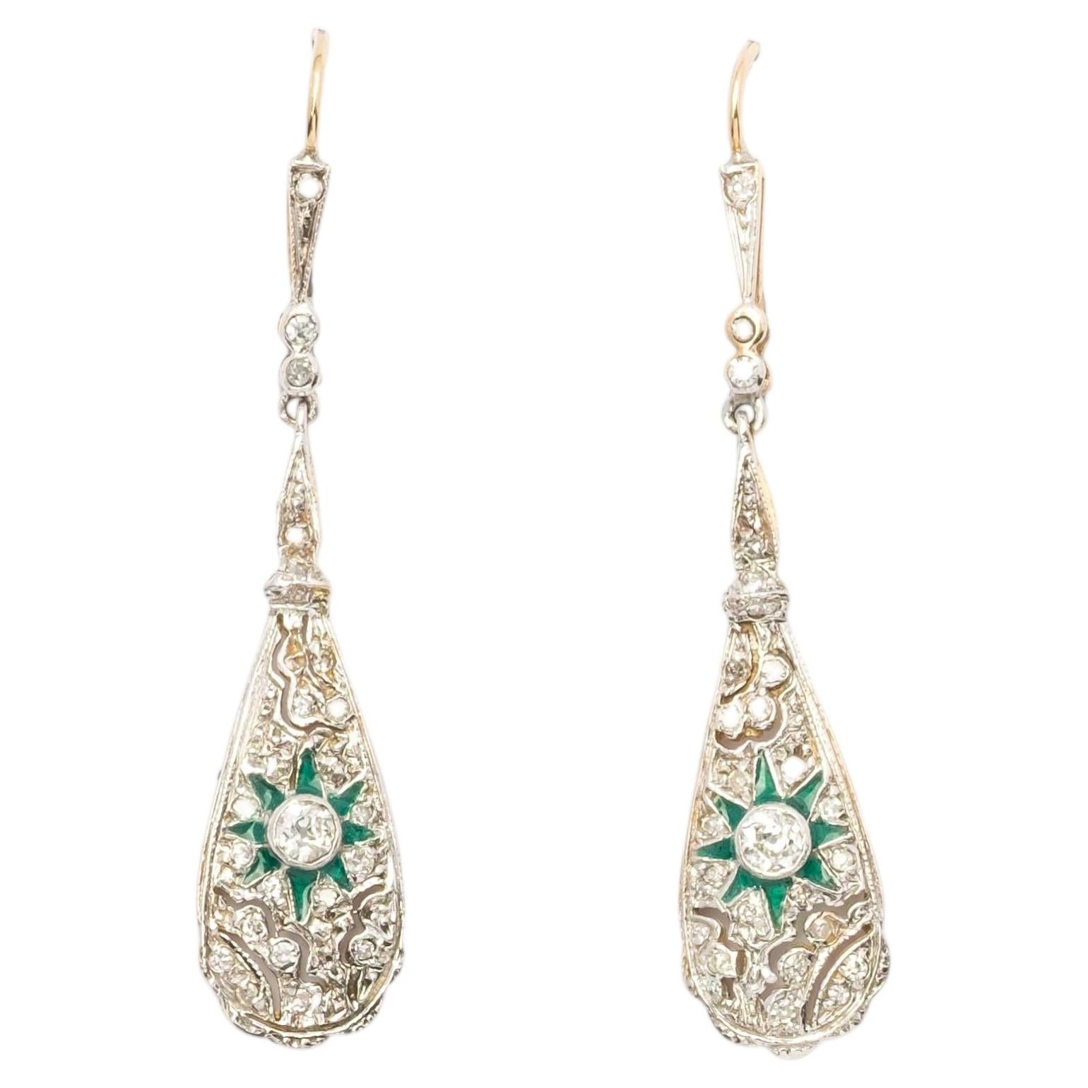Art Deco 1930s Gold & Platinum Earrings with Old-Cut Diamonds and Green Enamel