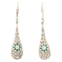 Art Deco 1930s Gold & Platinum Earrings with Old-Cut Diamonds and Green Enamel