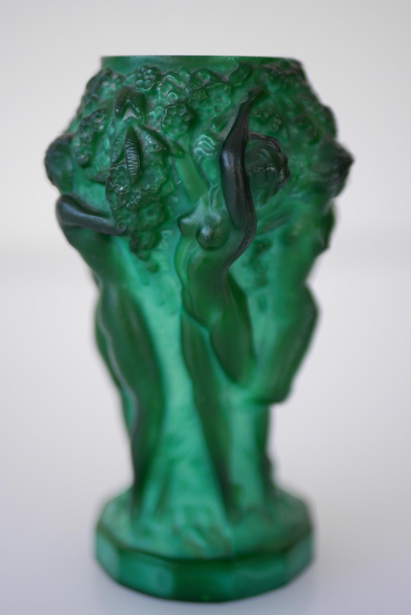 Czech Art Deco 1930s Malachite Jade Glass Vase by Frantisek Pazourek
