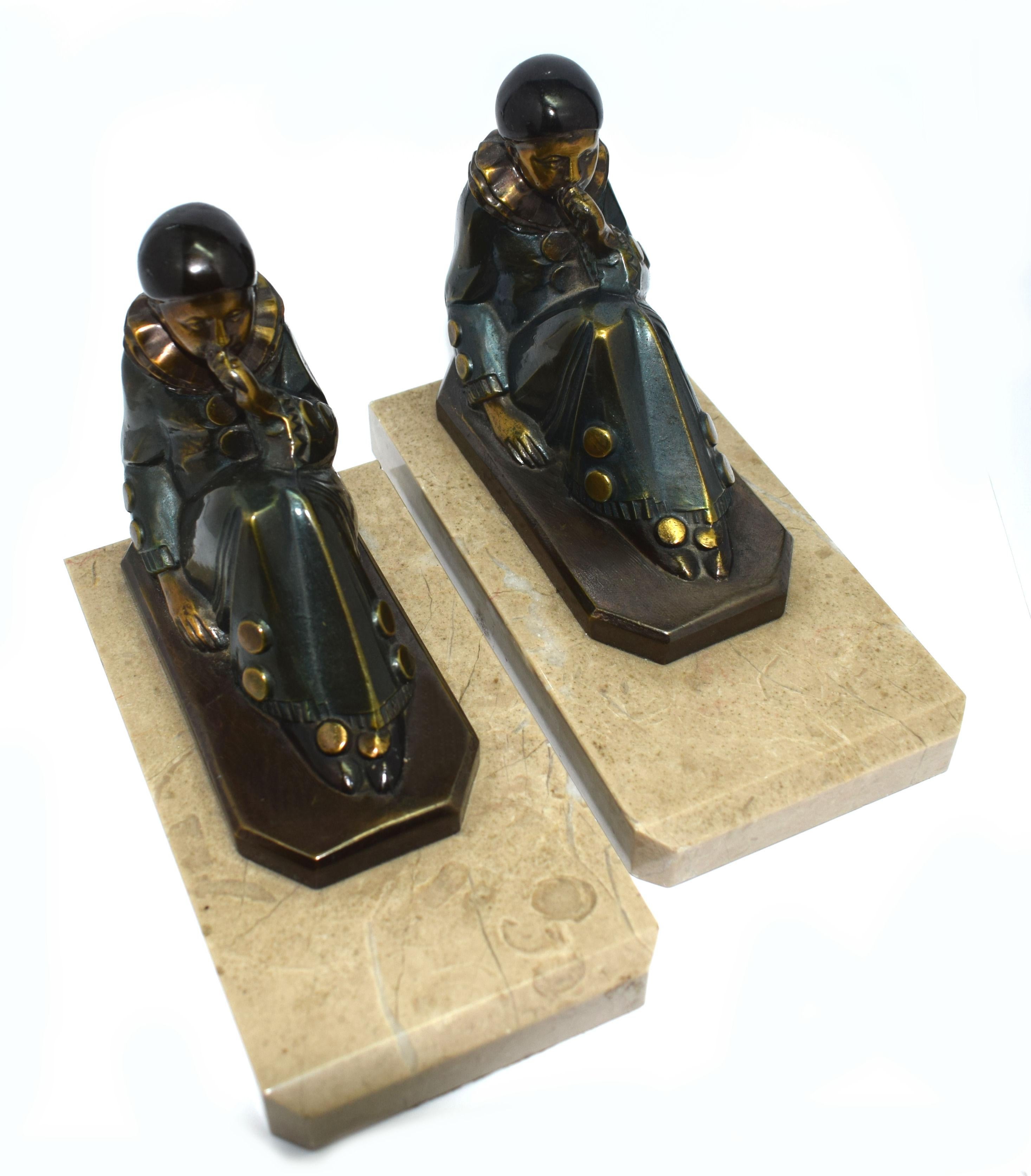 For your consideration are these very attractive matching Art Deco bookends which date to the 1930s. Originating from France the figures are made from cold painted spelter and rest on solid marble plinths. Each one of the pierrots are approx 4 3/4