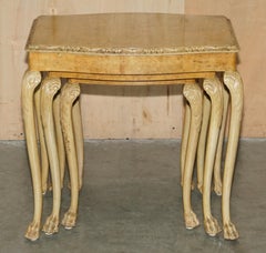 ART DECO 1930's NEST OF THREE LIGHT BURR WALNUT TABLES WITH LIONS HAIRY PAW FEET