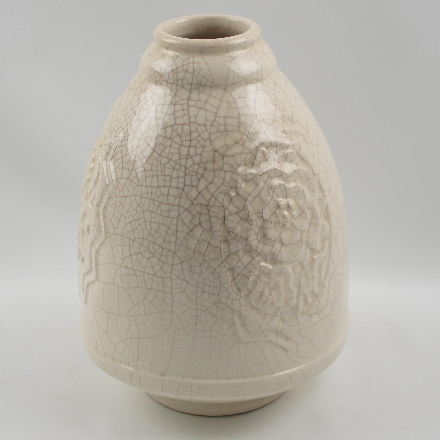 Faience Art Deco 1930s Off-White Crackle Glaze Ceramic Vase by Saint Clement