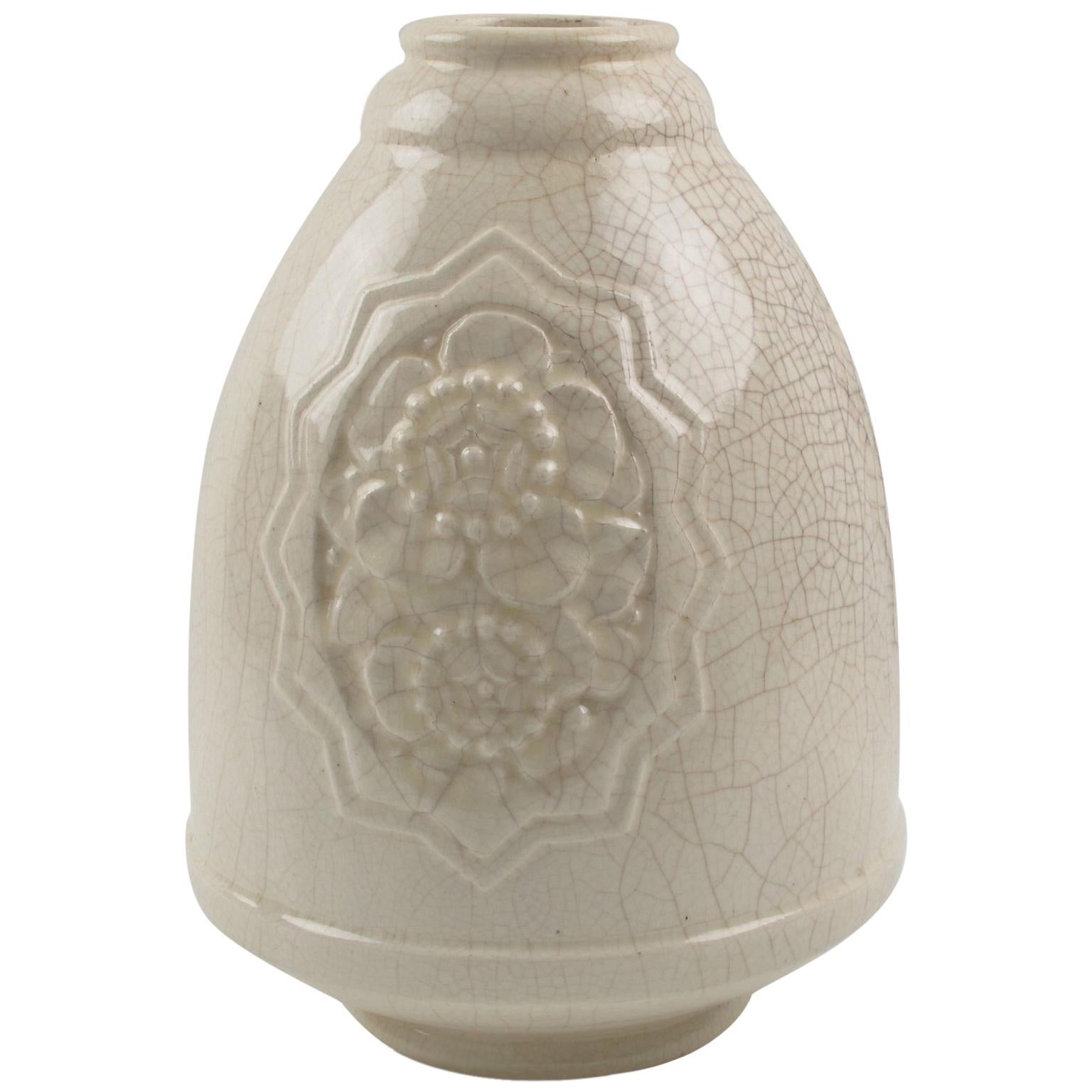 Art Deco 1930s Off-White Crackle Glaze Ceramic Vase by Saint Clement