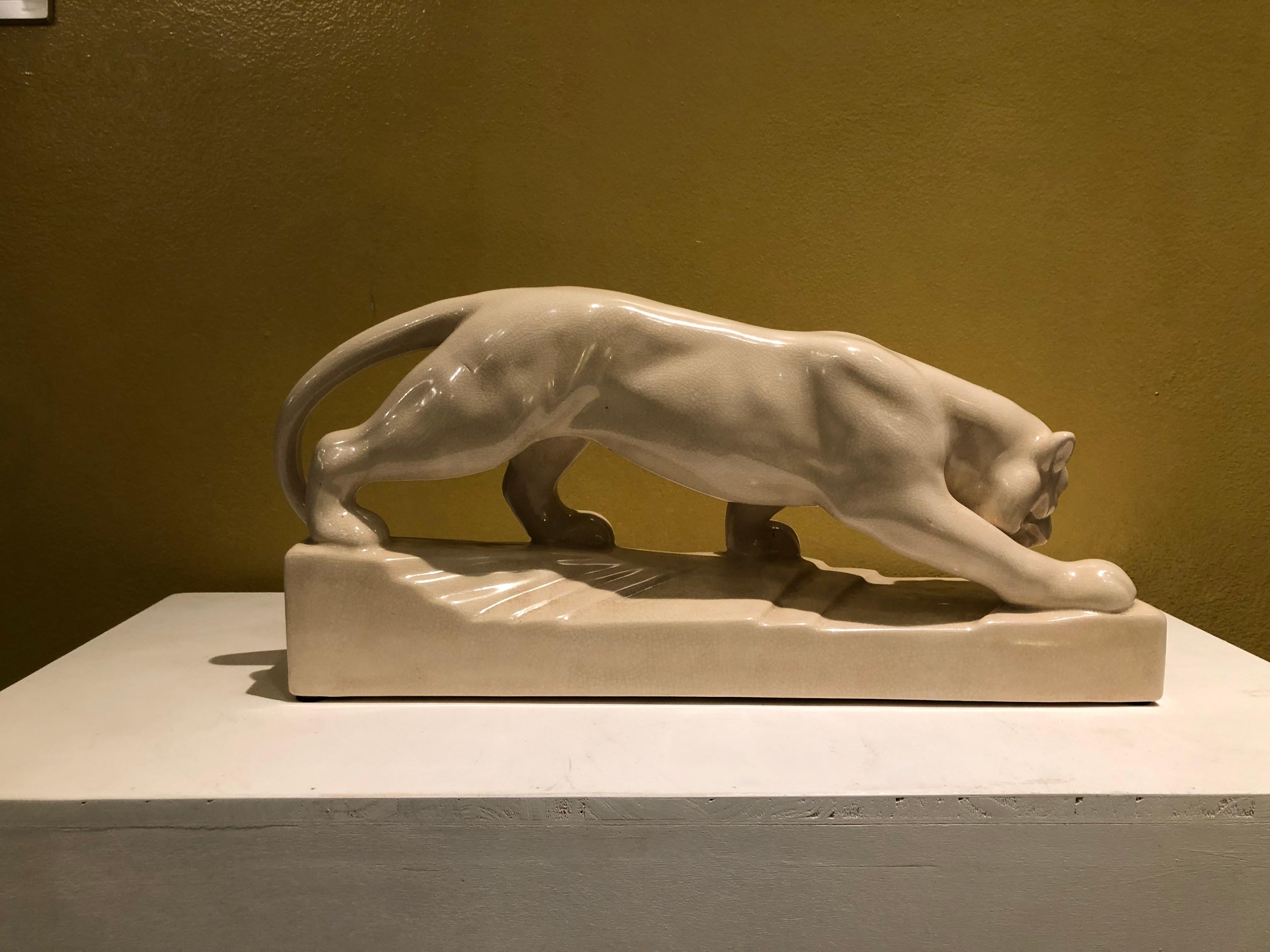 French Art Deco 1930s Panther White Ceramic Sculpture
