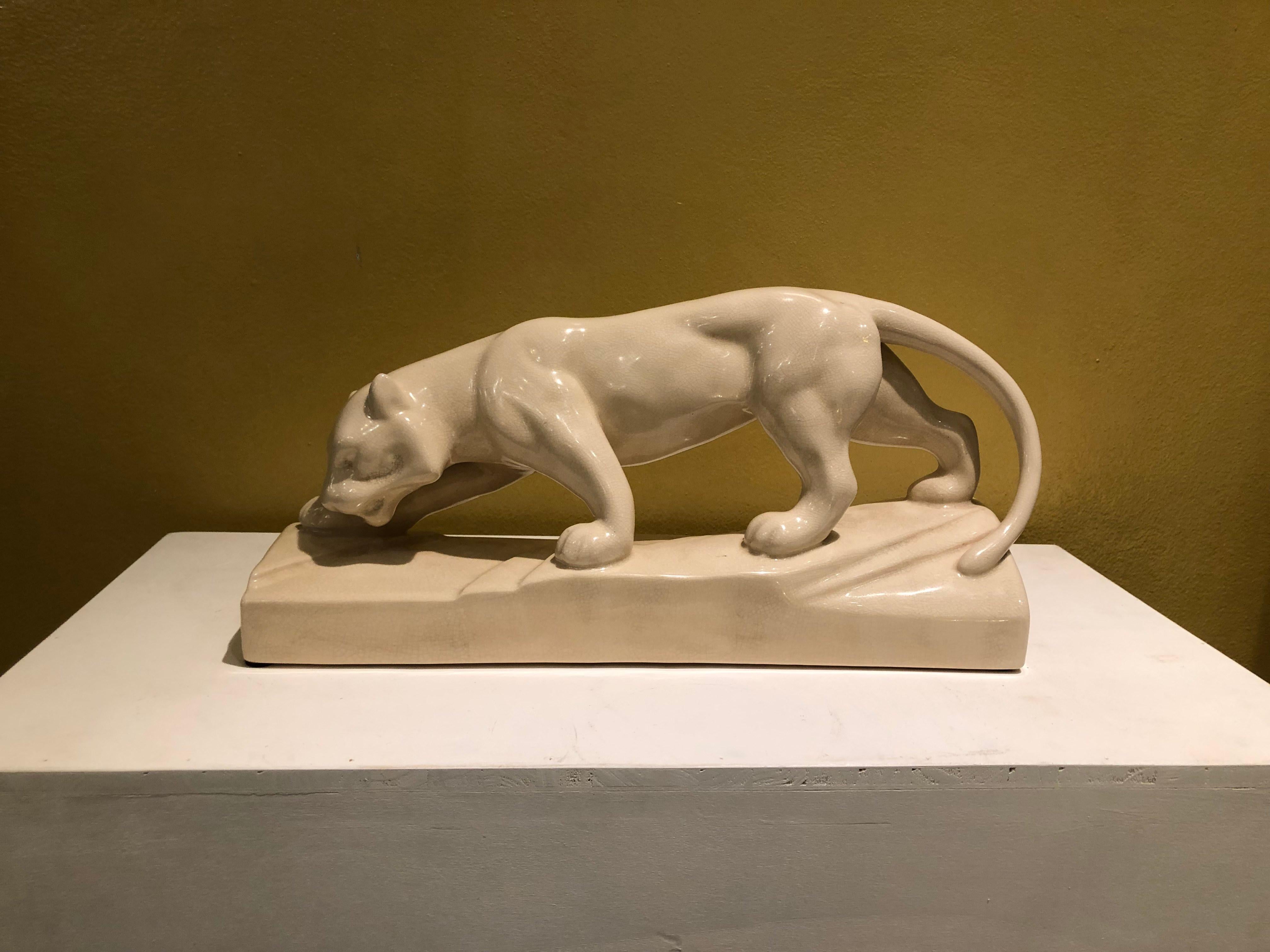 Art Deco 1930s Panther White Ceramic Sculpture 1