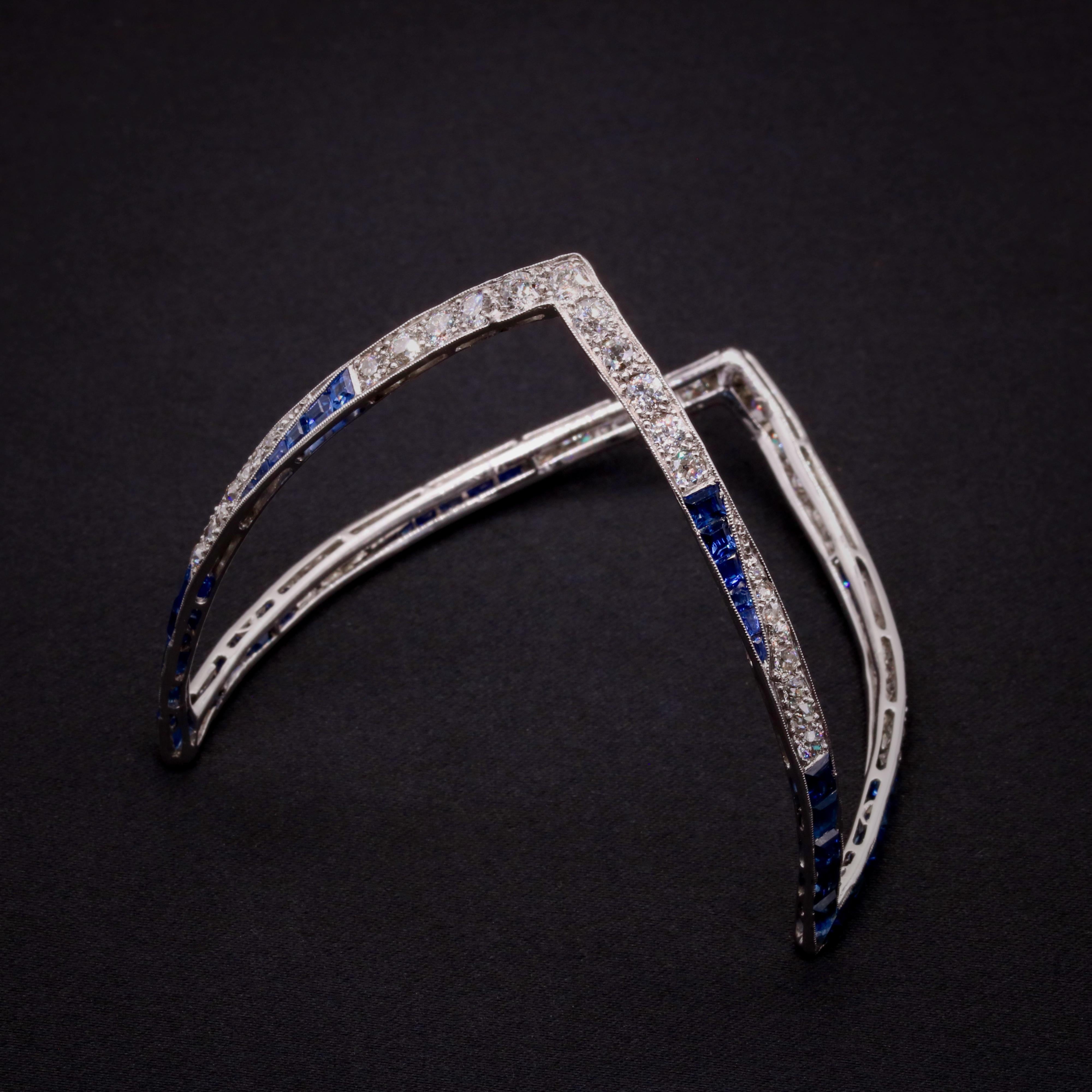 Taille ronde Art déco 1930 Platine 14.2tgw Saphir et Diamant Zig Zag Bangle en vente