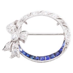 Antique Art Deco 1930s Platinum 2.27tgw Old Cut Diamond & Sapphire Brooch or Pendant