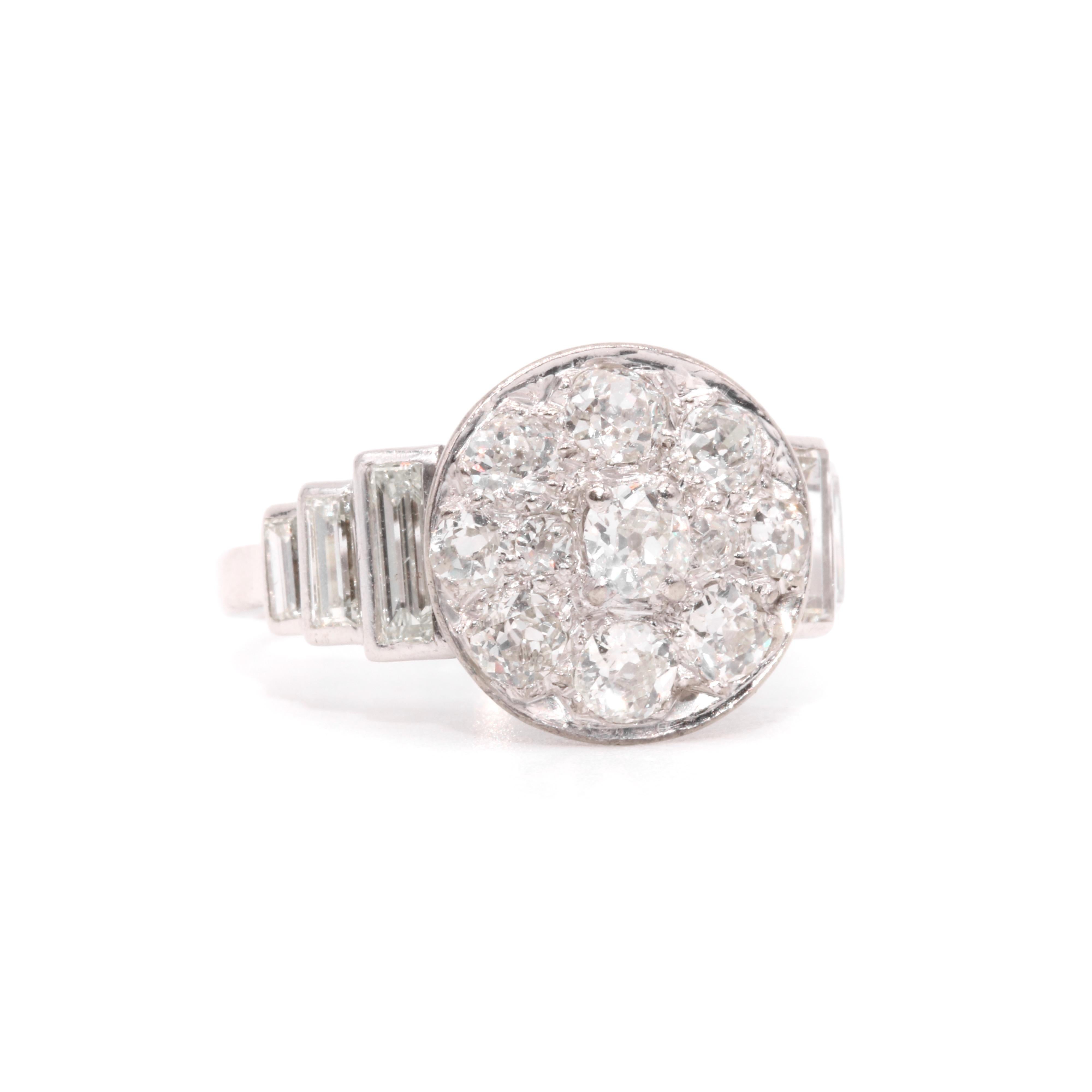 Women's or Men's Art Deco 1930s Platinum 2.44ctw Old Cut Diamond Ring with Baguette Cut Shoulders For Sale