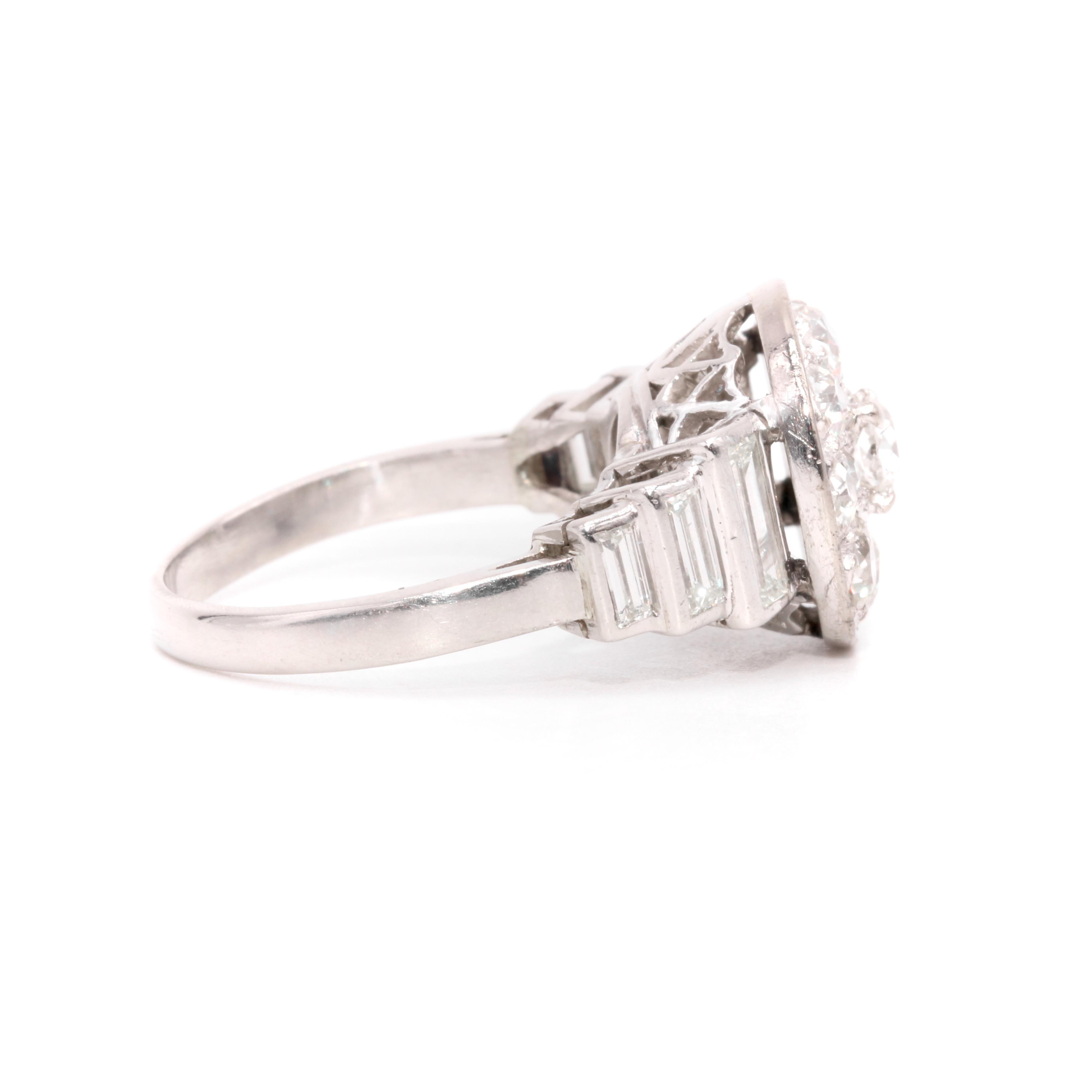 Art Deco 1930s Platinum 2.44ctw Old Cut Diamond Ring with Baguette Cut Shoulders For Sale 2