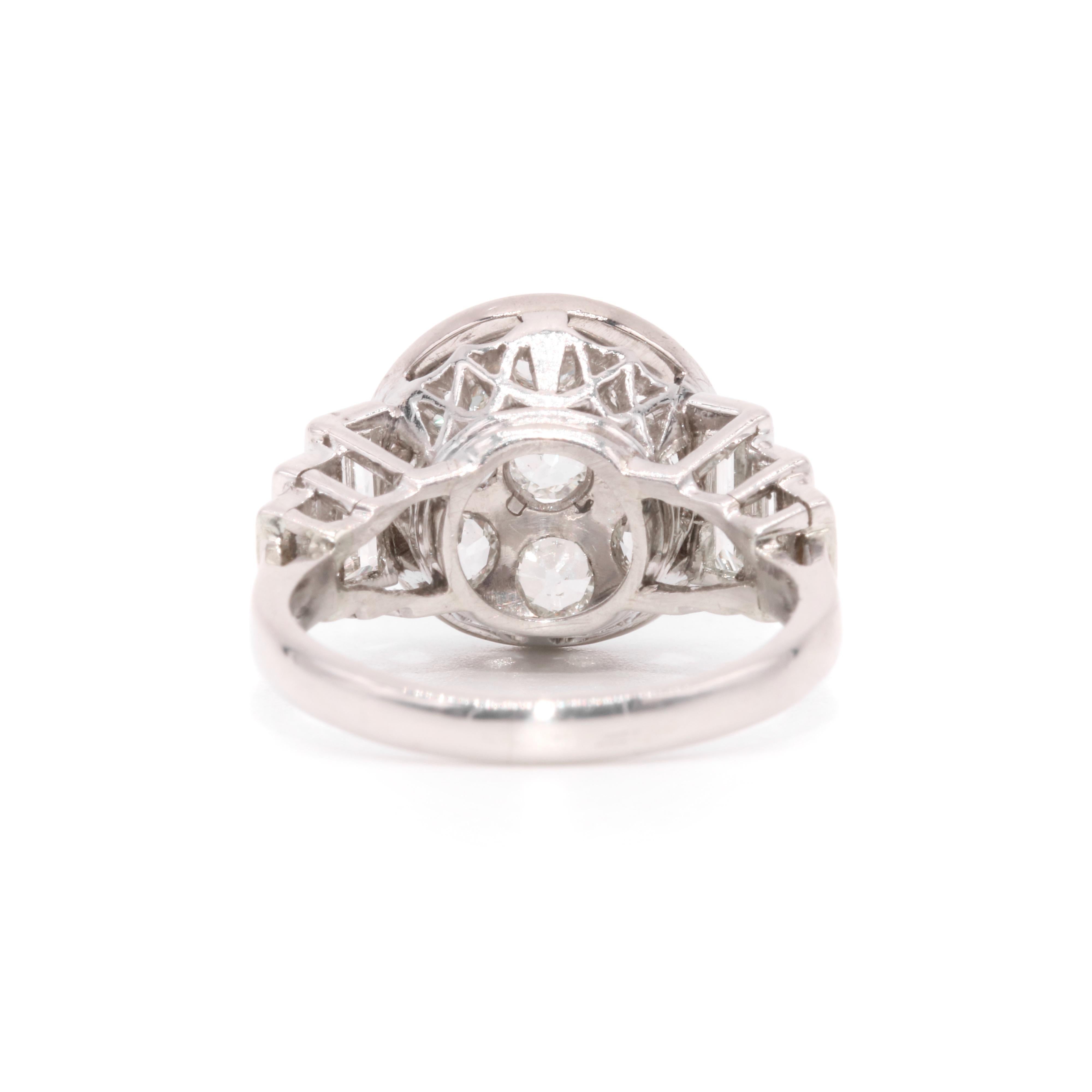 Art Deco 1930s Platinum 2.44ctw Old Cut Diamond Ring with Baguette Cut Shoulders For Sale 3
