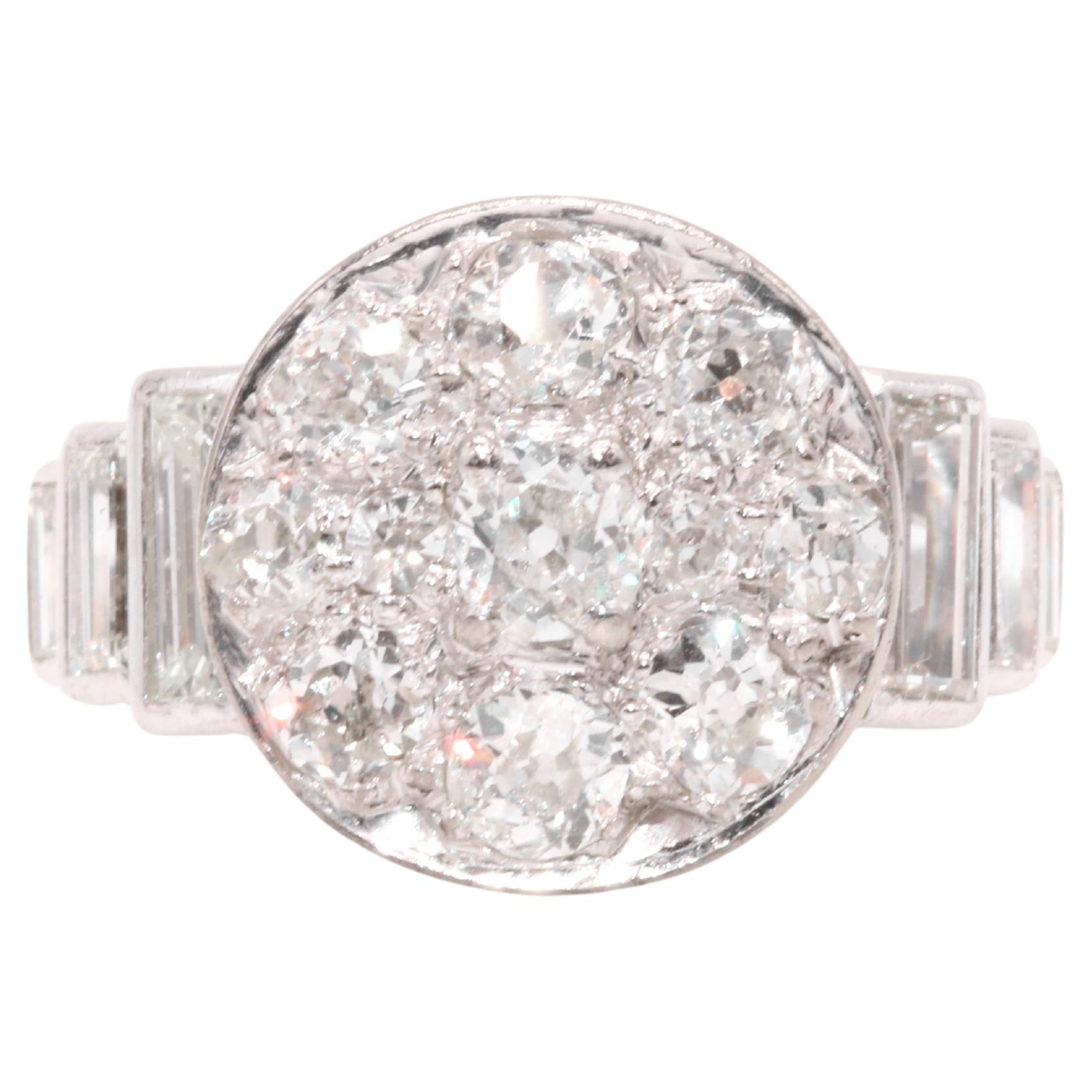 Art Deco 1930s Platinum 2.44ctw Old Cut Diamond Ring with Baguette Cut Shoulders For Sale