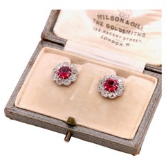 Art Deco 1930s Platinum and 18K Gold Ruby and Old Cut Diamond Cluster Earrings