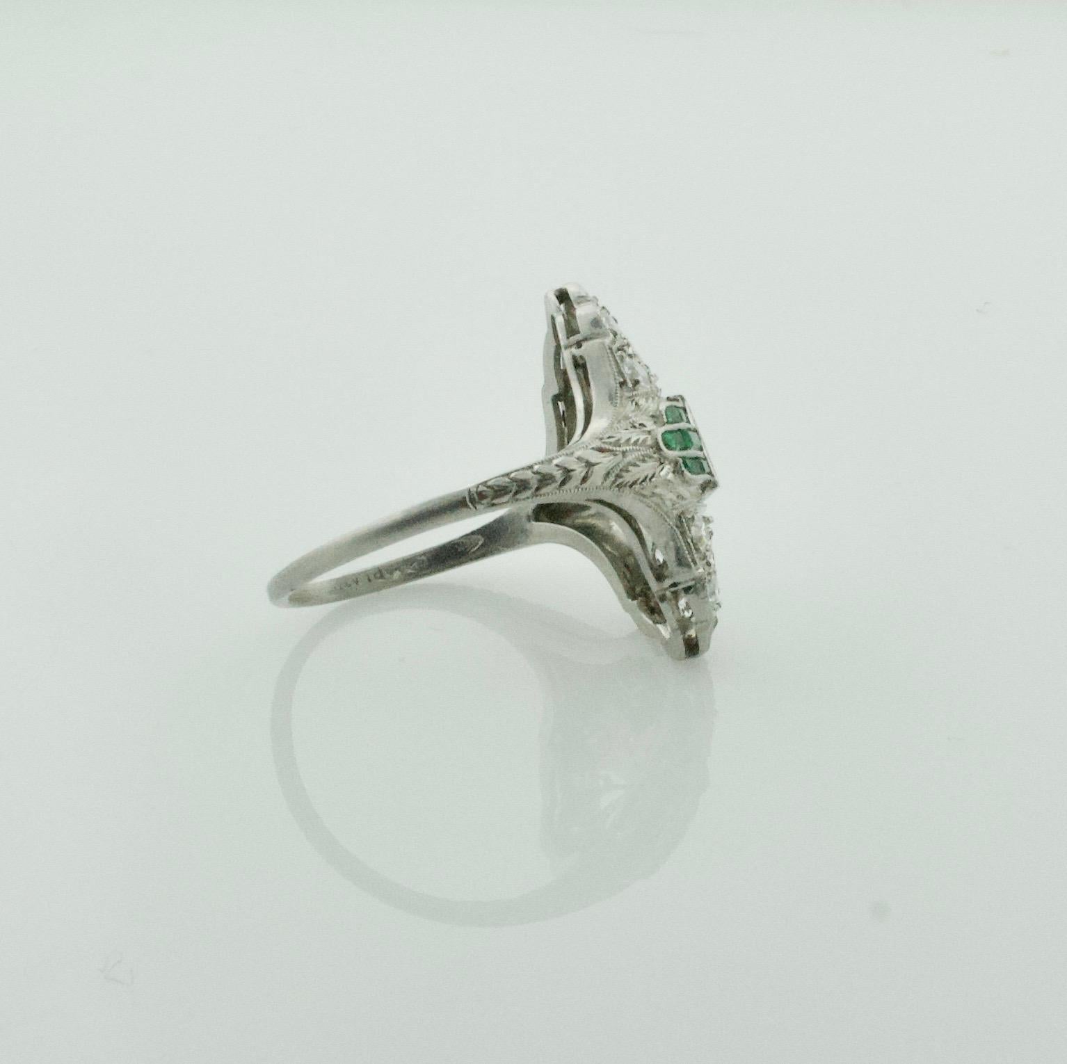 Round Cut Art Deco 1930s Platinum Diamond Ring with Green Stones .55 Carat For Sale