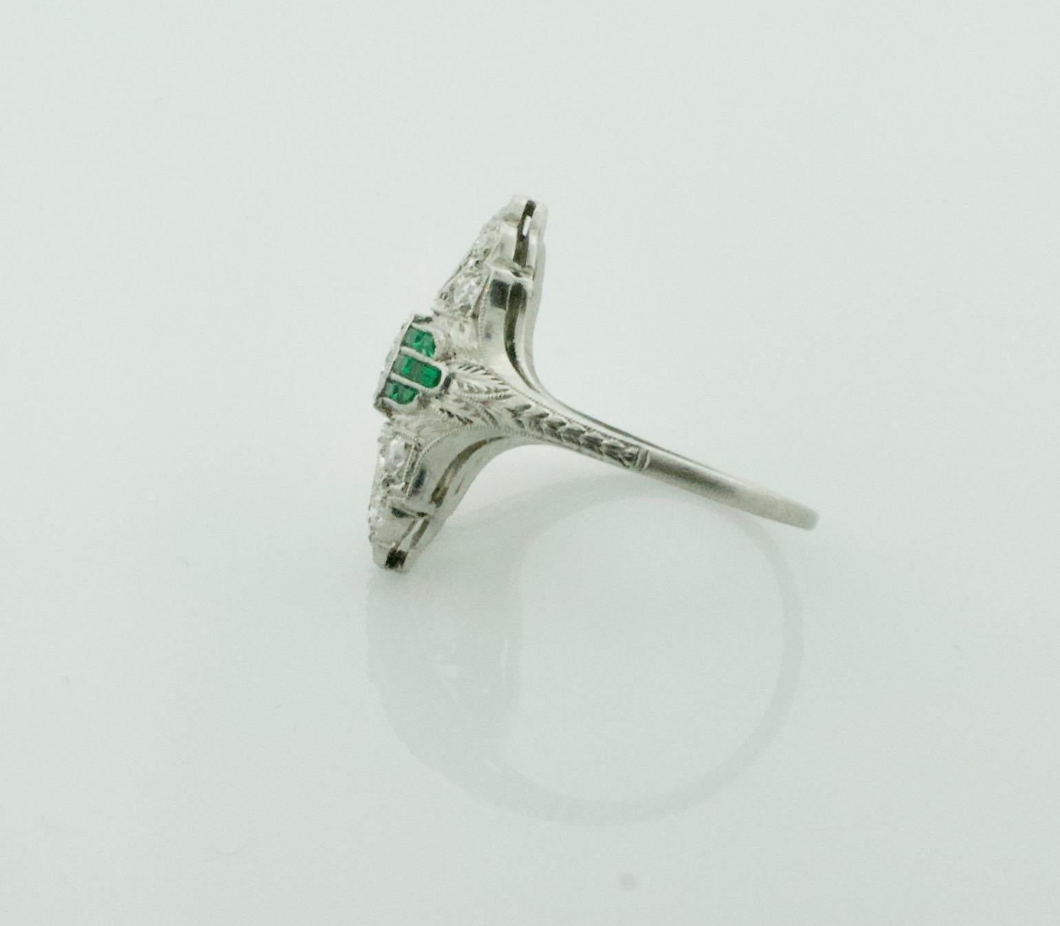 Women's or Men's Art Deco 1930s Platinum Diamond Ring with Green Stones .55 Carat For Sale