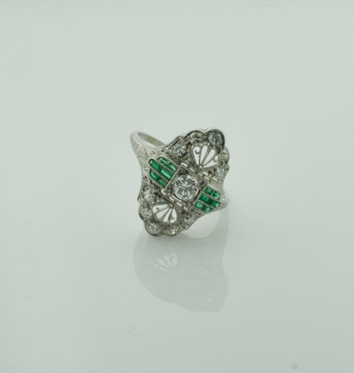 Art Deco 1930s Platinum Diamond Ring with Green Stones .55 Carat For Sale 1