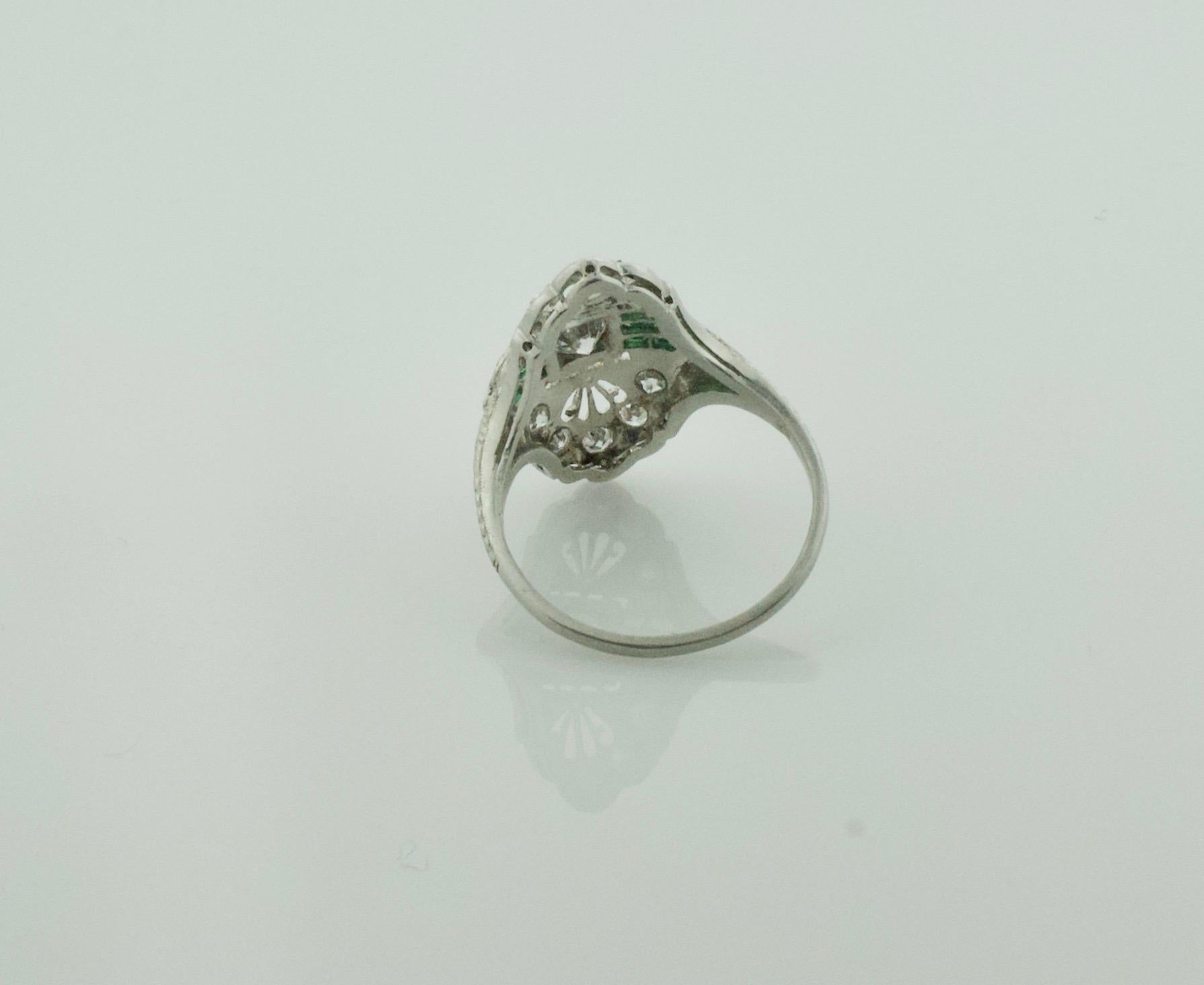 Art Deco 1930s Platinum Diamond Ring with Green Stones .55 Carat For Sale 2